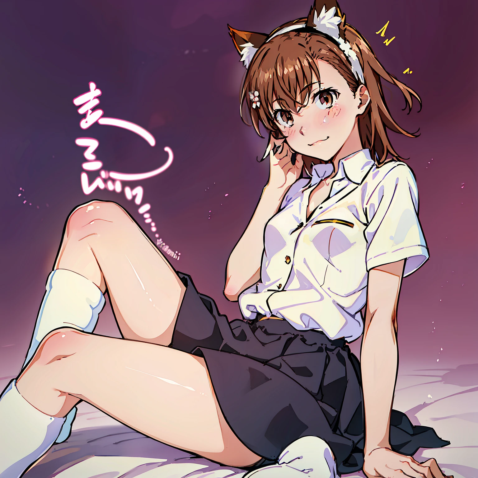 1girl, animal_ears, black_hairband, blush, brown_eyes, brown_hair, cat_ears, cat_tail, collared_shirt, dress_shirt, eyebrows_visible_through_hair, fake_animal_ears, flower, gradient, gradient_background, hair_flower, hair_ornament, hairband, kemonomimi_mode, leaning_forward, looking_at_viewer, misaka_mikoto, no_shoes, school_uniform, shirt, short_hair, sitting, skirt, smile, socks, solo, tail, twitter_username, v-neck, wariza, white_flower, white_legwear, white_shirt