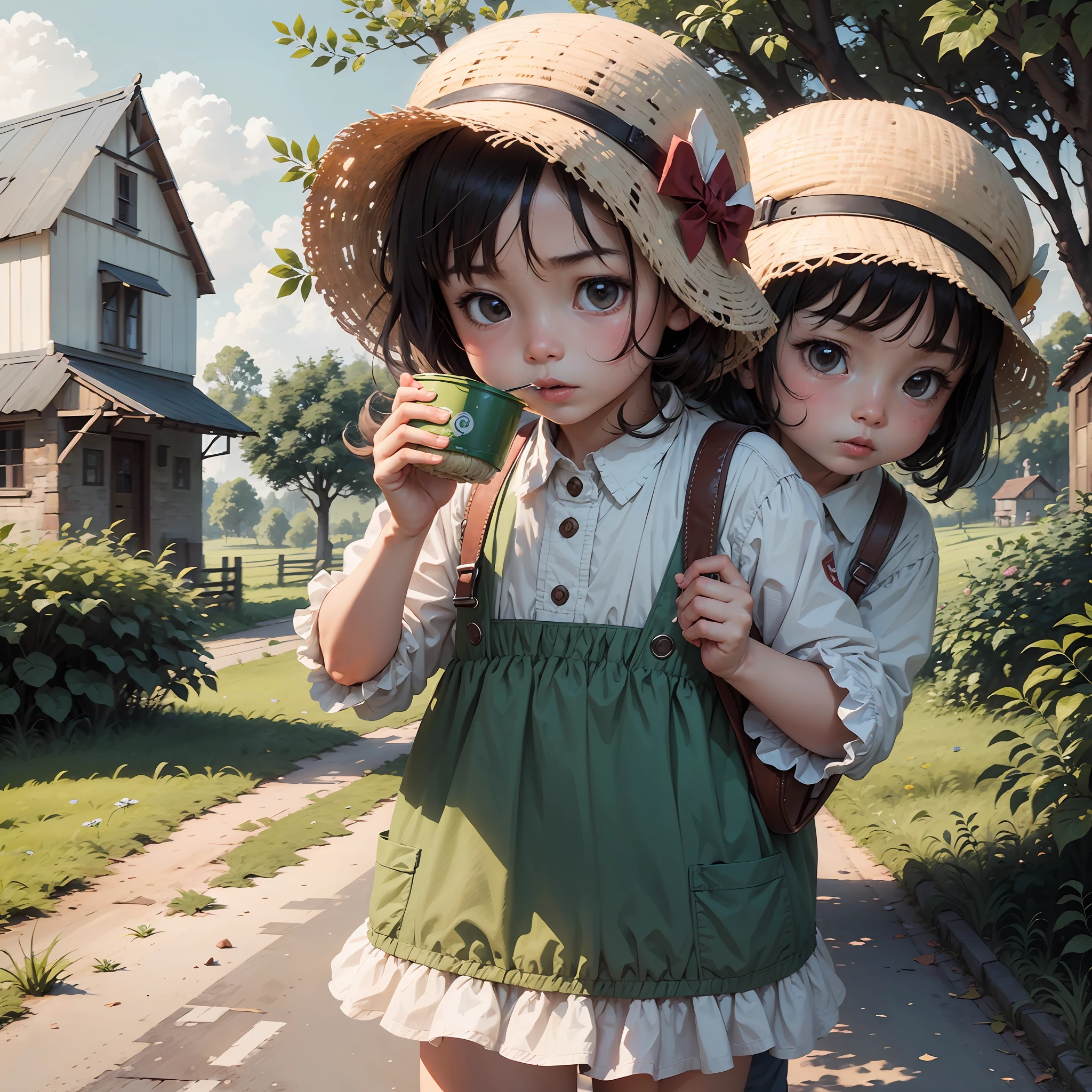Two small children,In the countryside,Grab instant noodles --auto
