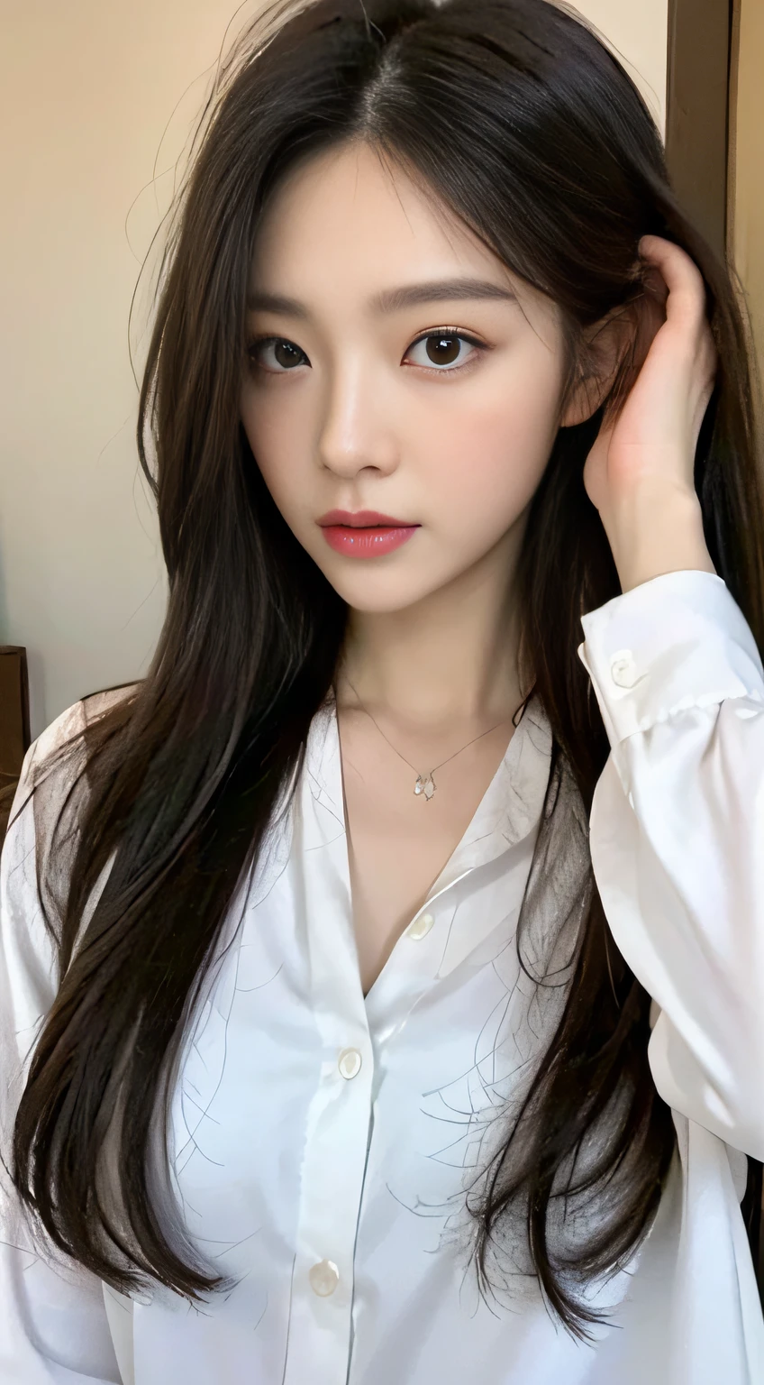 ((Top quality, 8k, Masterpiece: 1.3)), beauty, hidden face, 1 girl, beauty: 1.3, slender abs: 1.1, (large men's shirt loose: 1.4) exposed, full chest, long black hair, ultra-detailed face, highly detailed lips, detailed eyes, double eyelids, strict head and body ratio: 1.5,