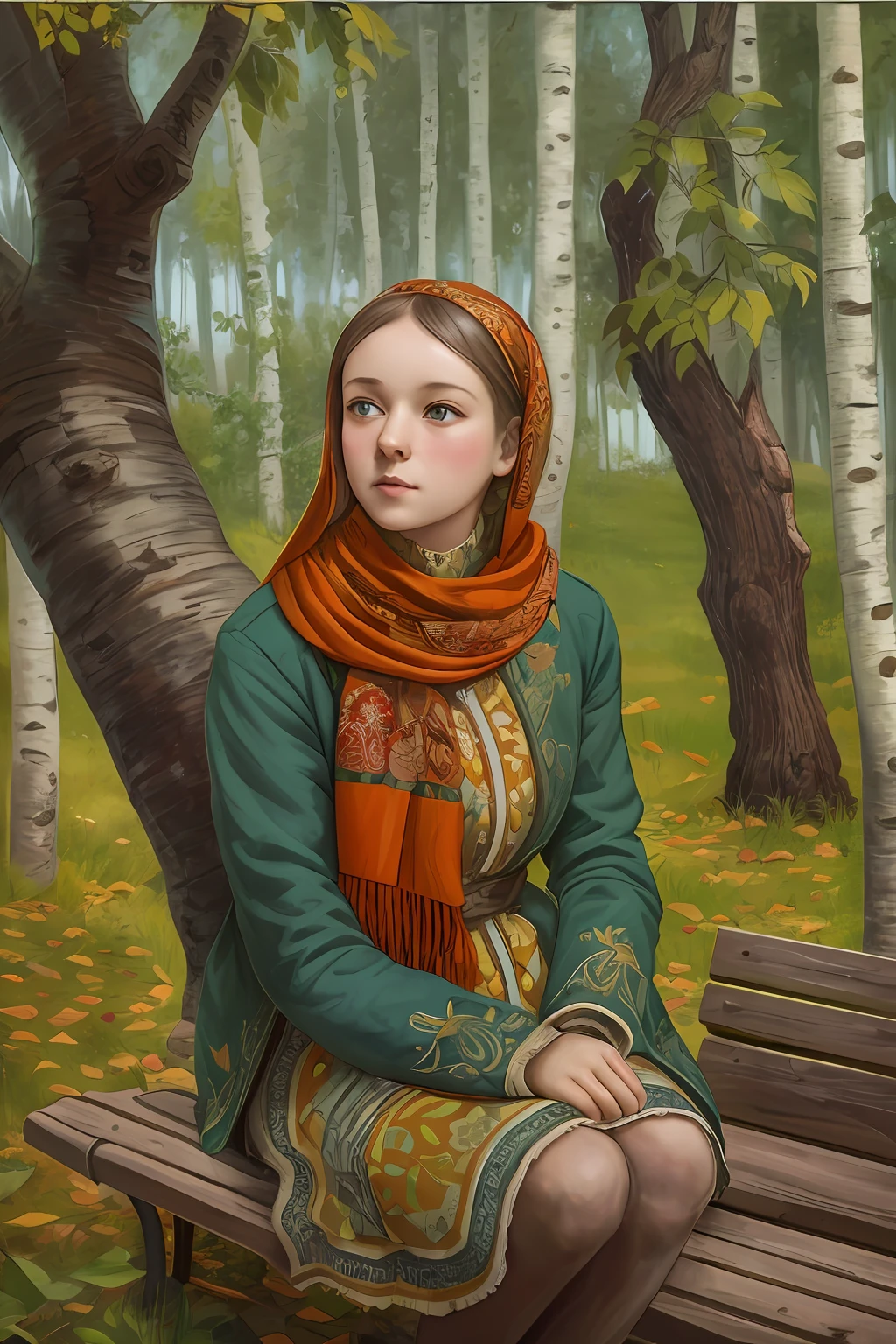 [portraite of a:young girl, blushful, in an elegant scarf:16] scenery, russian village, Sitting on a bench by a birch tree, Russian paraphernalia, improvisation, 19th century, ((Todd Schorr's style )), hyper-detailing, Deep drawing of the plot, /rot:0.2/blau:0.2/chlorine:0.2/gris:0.2,