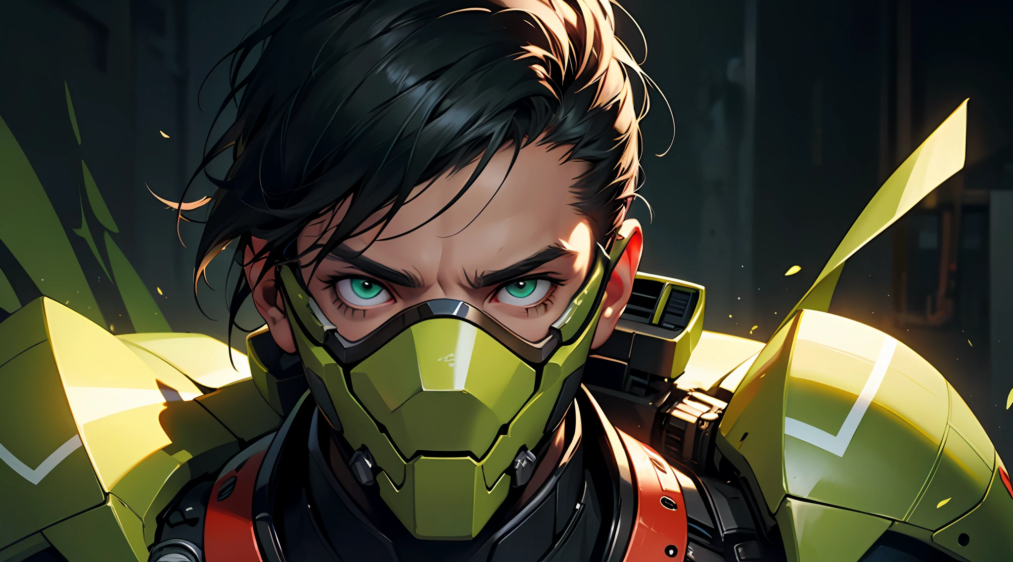 8k, 4k, (highres:1.1), (best,great,amazing quality), (masterpiece:1.3), large mutant cyborg, buck teeth, red skin, goggles, artificial eyes, green armor, black hair, ugly, friendly, dumb, looking up, cyborg face, face implants,