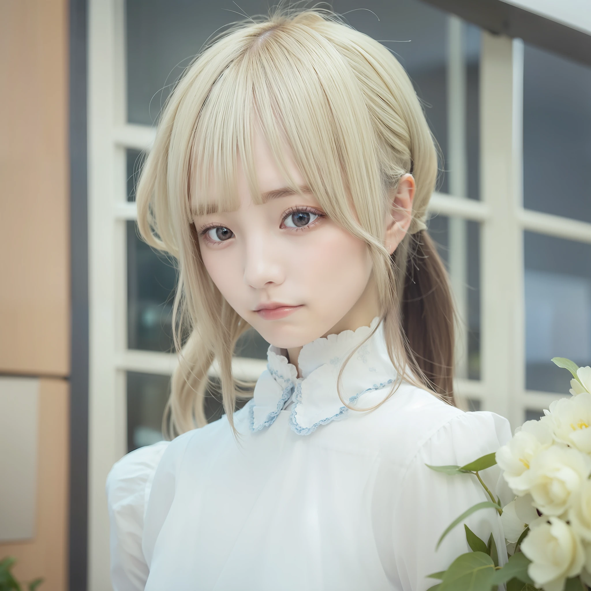 girl, Violet Evergarden, verry beautiful, white shirt, blue eyes, realistic, ultra detail, 70mm lens,