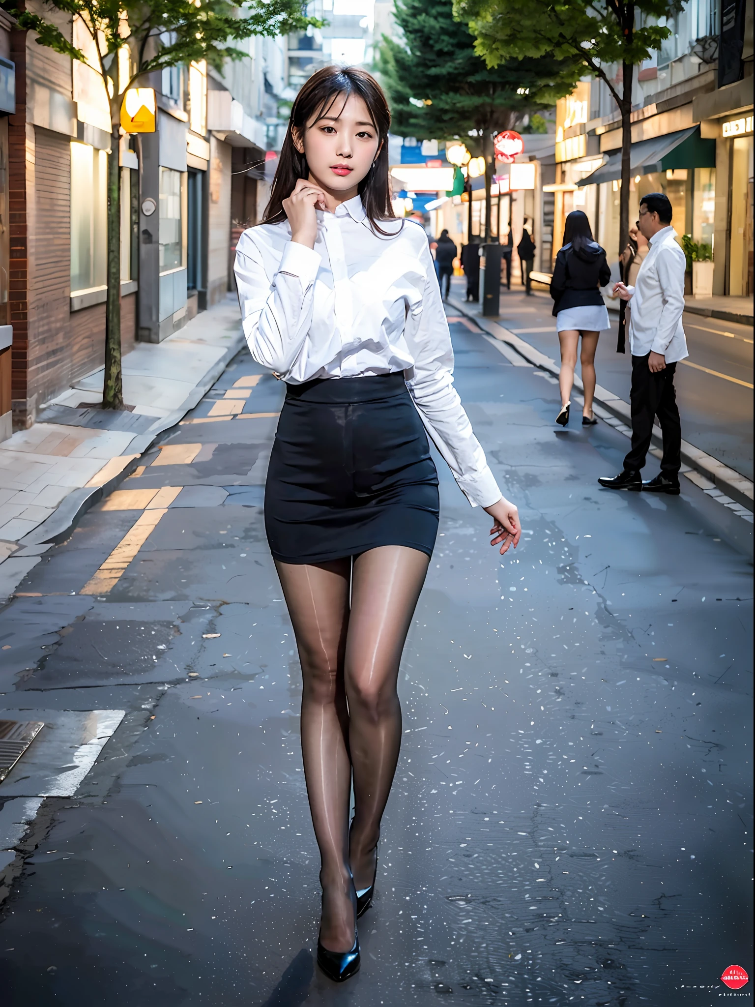 ,(RAW photo:1.2), (Photorealistic:1.4), Beautiful Meticulous Girl, very detailed eyes and faces, Beautiful detailed eyes, ultra - detailed, A high resolution, The is very detailed，best qualtiy，tmasterpiece，The shirt，a skirt，illustratio，The is very detailed，unified，8k 壁纸，finely detailled，tmasterpiece，best qualtiy，Unity8k wallpapers，light in face，cinmatic lighting, 1girll, 16 years old，(Camel toes)，(full bodyesbian)，are standing，The shirt，a skirt，black lence stockings，high-heels，the street，城市