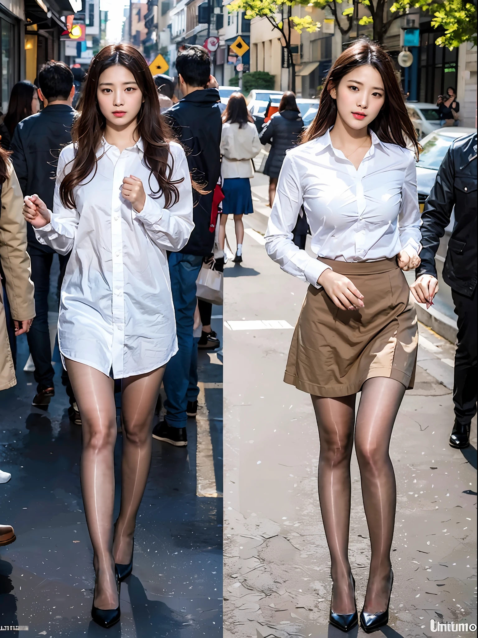,(RAW photo:1.2), (Photorealistic:1.4), Beautiful Meticulous Girl, very detailed eyes and faces, Beautiful detailed eyes, ultra - detailed, A high resolution, The is very detailed,best qualtiy,tmasterpiece,The shirt,a skirt,illustratio,The is very detailed,unified,8k 壁纸,finely detailled,tmasterpiece,best qualtiy,Unity8k wallpapers,light in face,cinmatic lighting, 1girll, ,(Camel toes),(full bodyesbian),are standing,The shirt,a skirt,black lence stockings,high-heels,the street,城市
