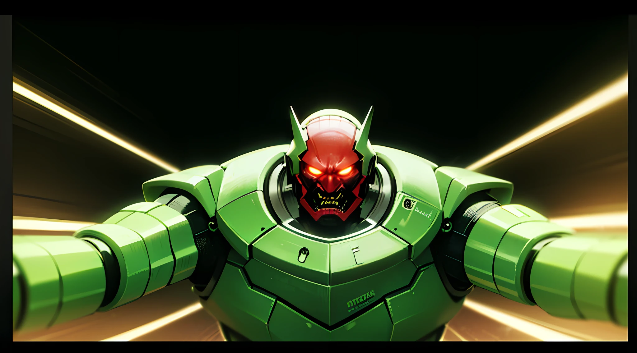 8k, 4k, (highres:1.1), (best,great,amazing quality), (masterpiece:1.3), large mutant cyborg, buck teeth, red skin, goggles, artificial eyes, green armor, black hair, ugly, friendly, dumb, looking up, cyborg face, face implants,