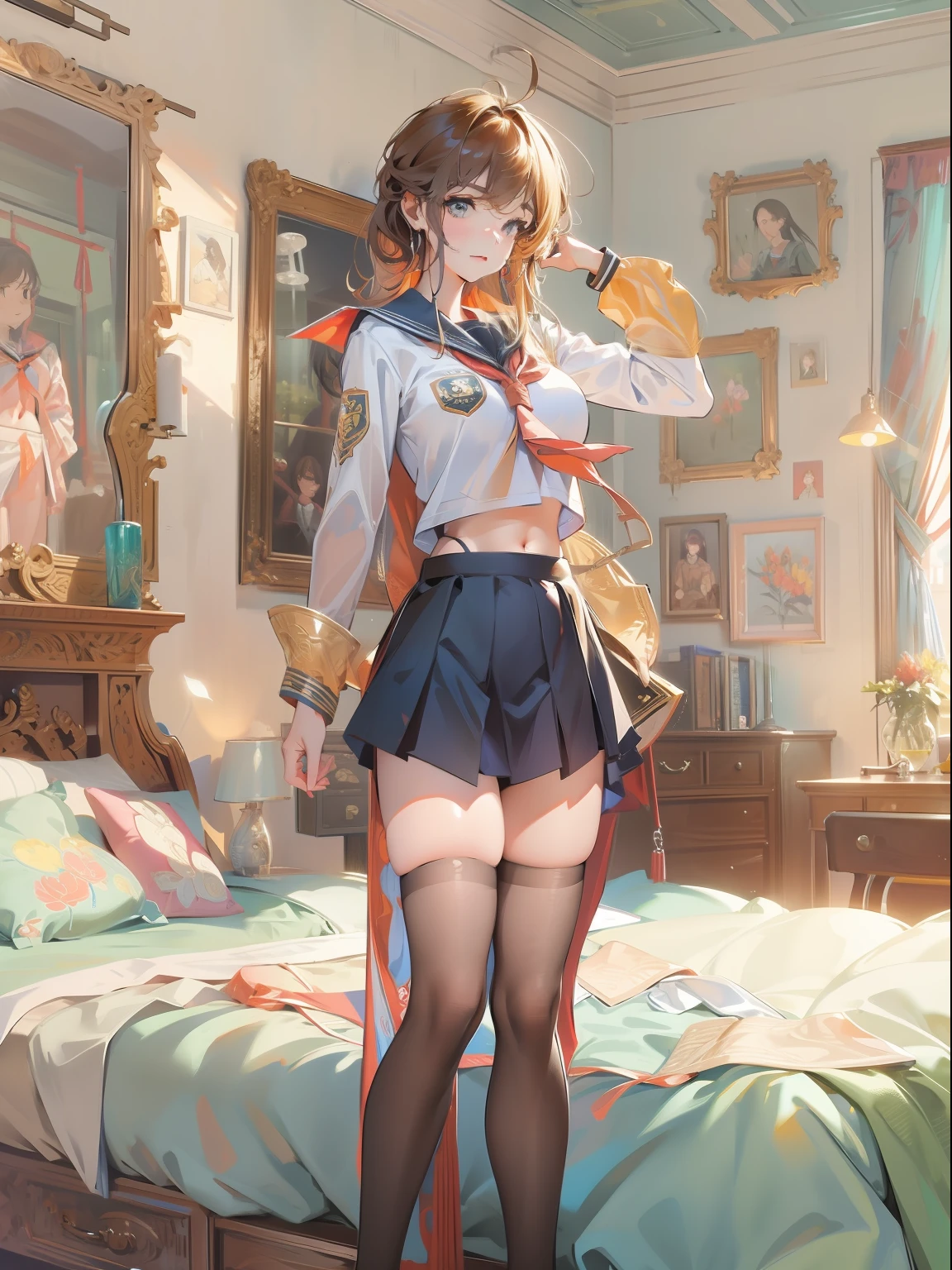 1girl,large breasts,midriff,
indoors,bedroom,standing,cowboy shot, ((school_uniform))