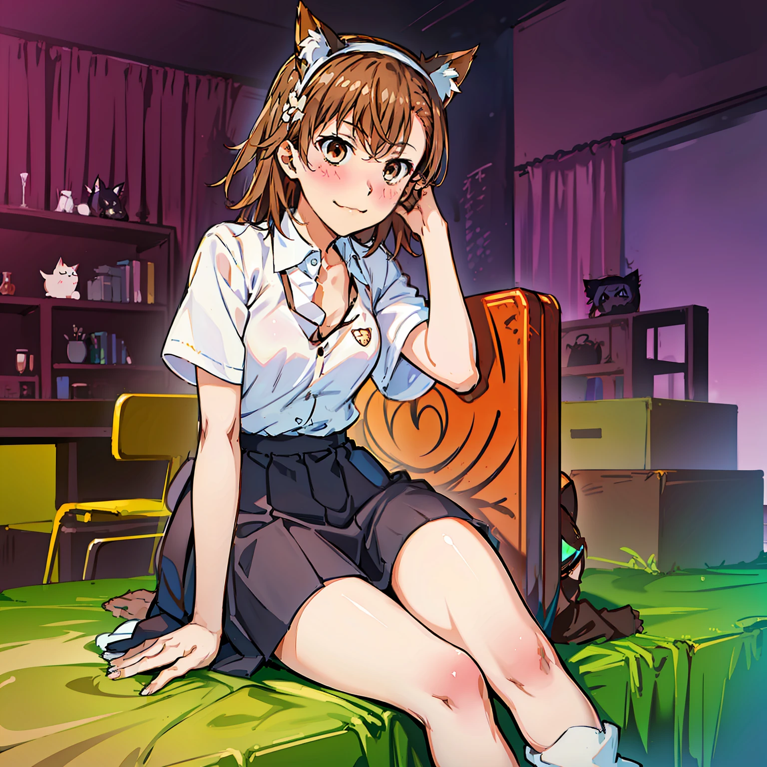 1girl, animal_ears, black_hairband, blush, brown_eyes, brown_hair, cat_ears, cat_tail, collared_shirt, dress_shirt, eyebrows_visible_through_hair, fake_animal_ears, flower, gradient, gradient_background, hair_flower, hair_ornament, hairband, kemonomimi_mode, leaning_forward, looking_at_viewer, misaka_mikoto, no_shoes, school_uniform, shirt, short_hair, sitting, skirt, smile, socks, solo, tail, twitter_username, v-neck, wariza, white_flower, white_legwear, white_shirt