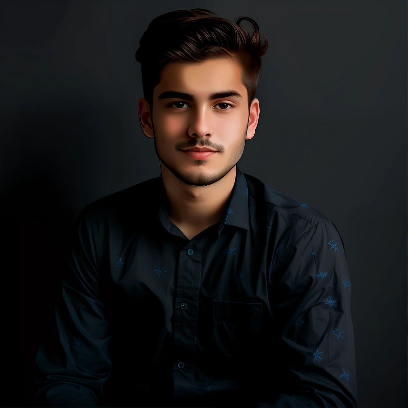 a boy with small beard hair sitting in dark realistic with dark blue shirt
