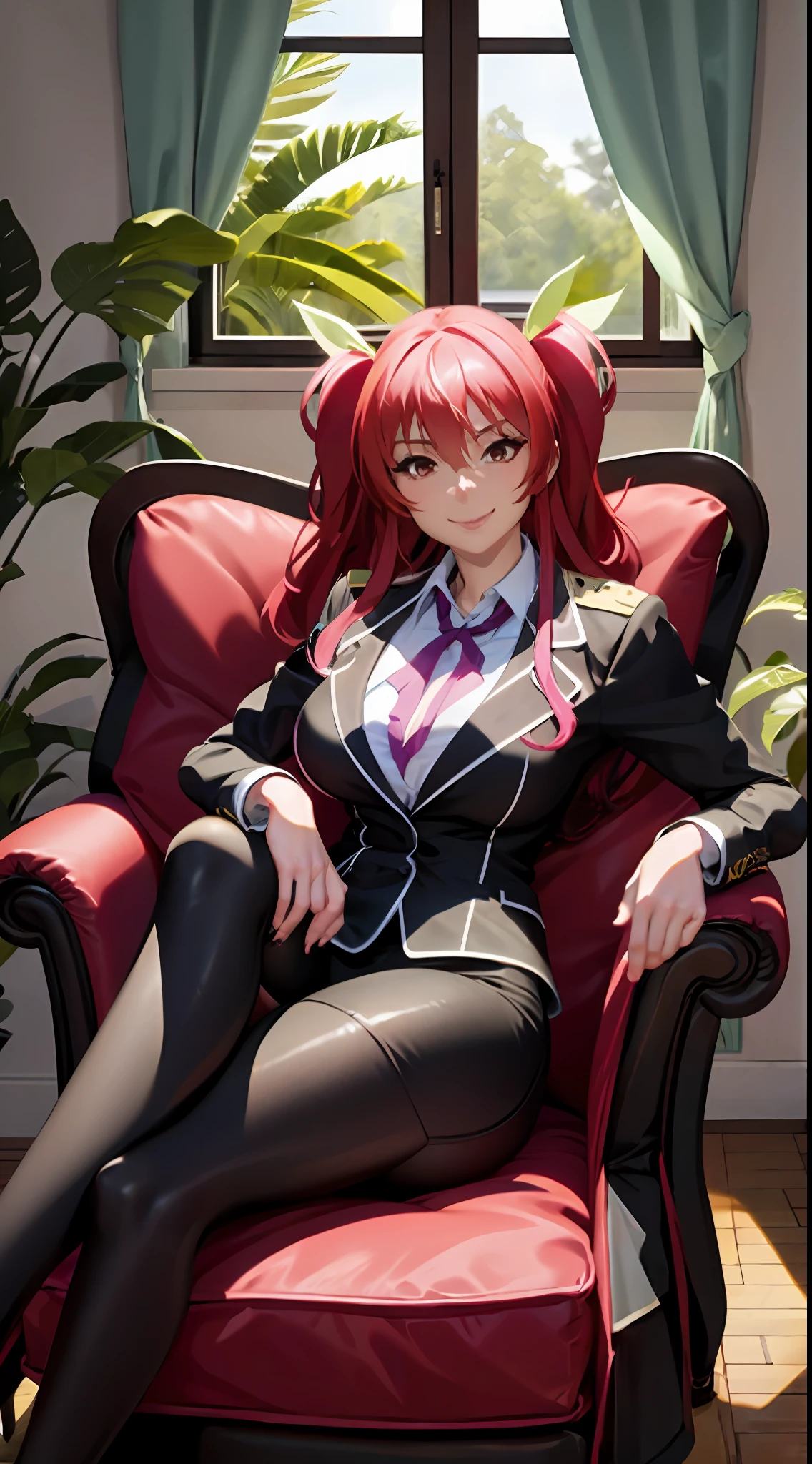 Masterpiece, best quality, 1girl, Stella vermillion, solo, armchair, sitting, seductive smile, business suit, trousers, window in the background, Ecuadoran rainforest, indoors, presidential palace