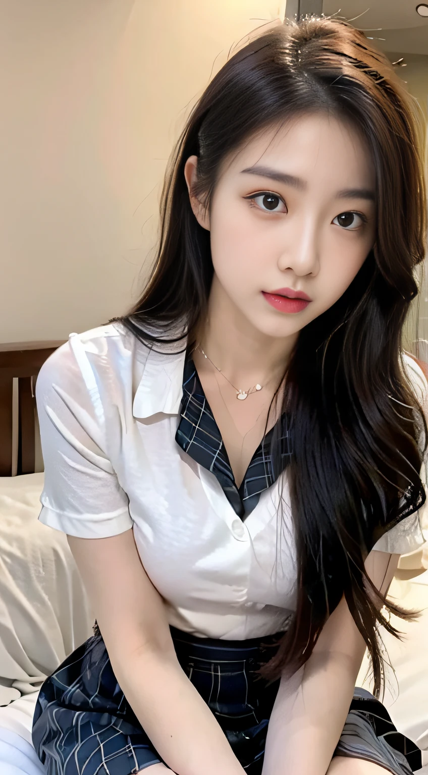 ((top-quality,8K,tmasterpiece:1.3)),Beautuful Women,Hide your face,1个Giant Breast Girl,full bodyesbian,big breasts beautiful:1.3,Slender abs:1.1,White shirt,The kinky is exposed,full,longblackhair,(sitting on his knees on the bed),legs separated,Plaid miniskirt,Japanese high school uniform,Super detailed face,Highly detailed lips,Detailed eyes,二重まぶた,Strict head and body ratios:1.5,
