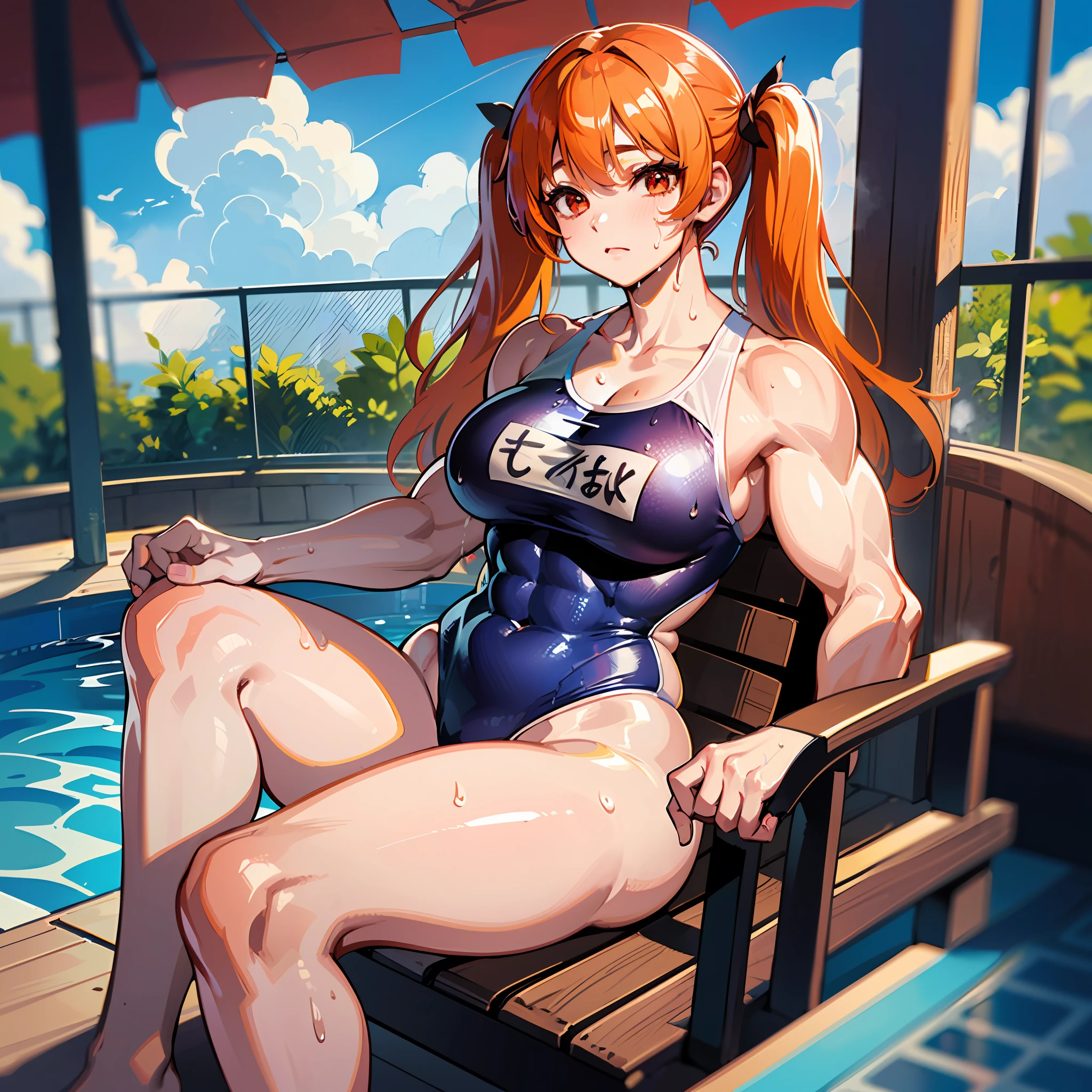 ((​masterpiece))、((Top image quality))、((top-quality))、(((Illustration of one woman)))、(((Muscle Girl)))、full body Esbian、((30-years old))、((neuter))、((twin tails with orange hair))、Red Eyes、((Long body))、(((perspiring)))、((Steam wafting all over the body))、((Body wet with sweat))、(((Muscular and strong body)))、((Split abs))、(((muscular and thick arms)))、(((muscular and thick thighs)))、((manspreading))、((Sports Swimwear))、Sitting on a deck chair、in poolside