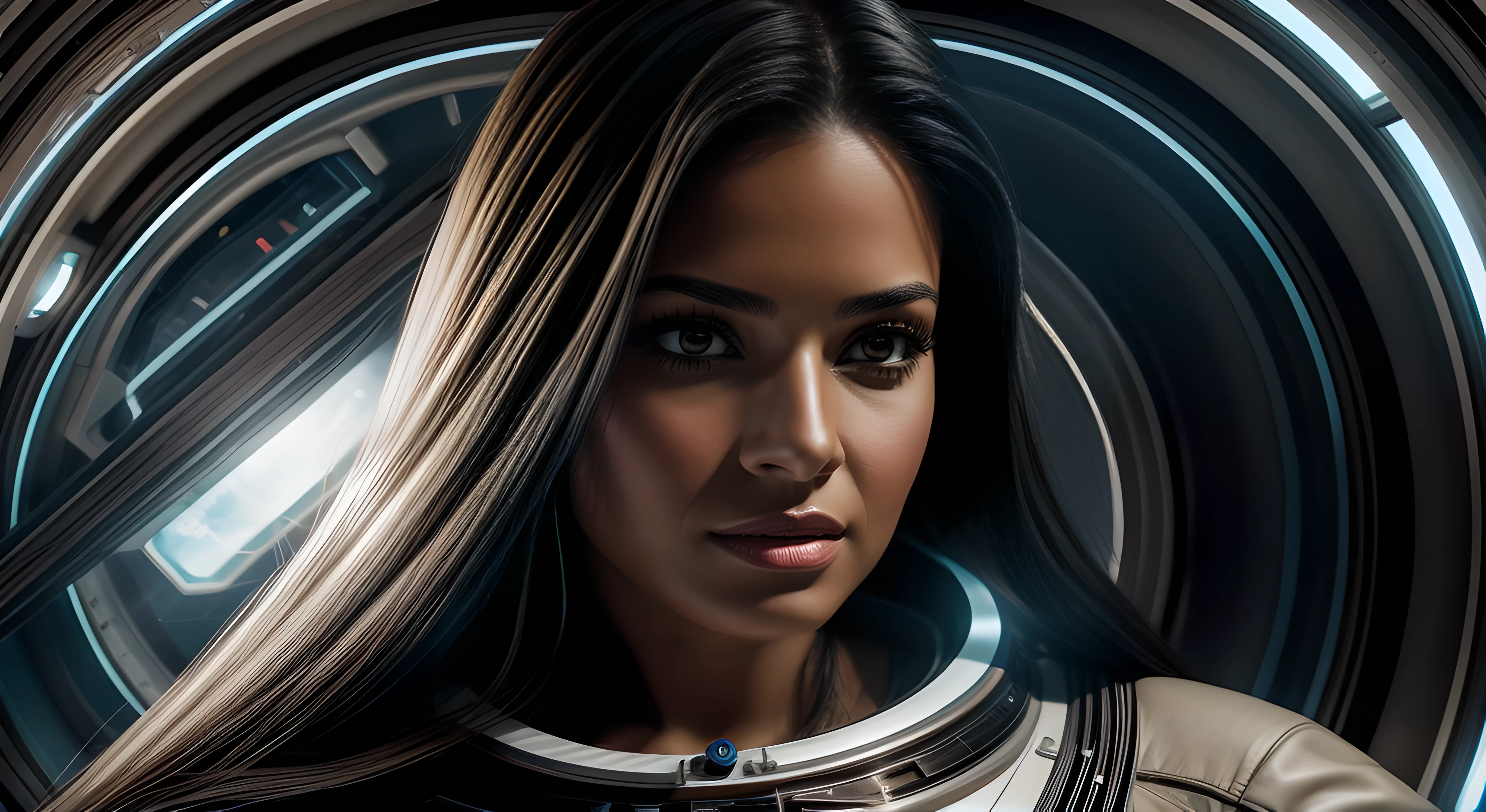 A closeup of a Latina woman with long dark hair on a spaceship in space, (neutral expression), (adicionar_detalhe:1)