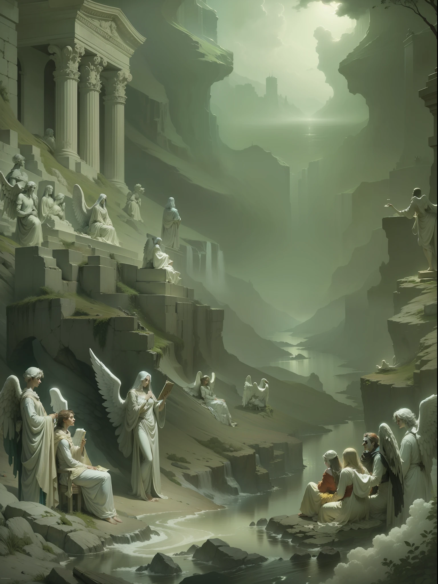 Paradise Scene, Angels, Beautiful place, Dante Alighieri book, Gustave Doré style, 4K, detalhado.