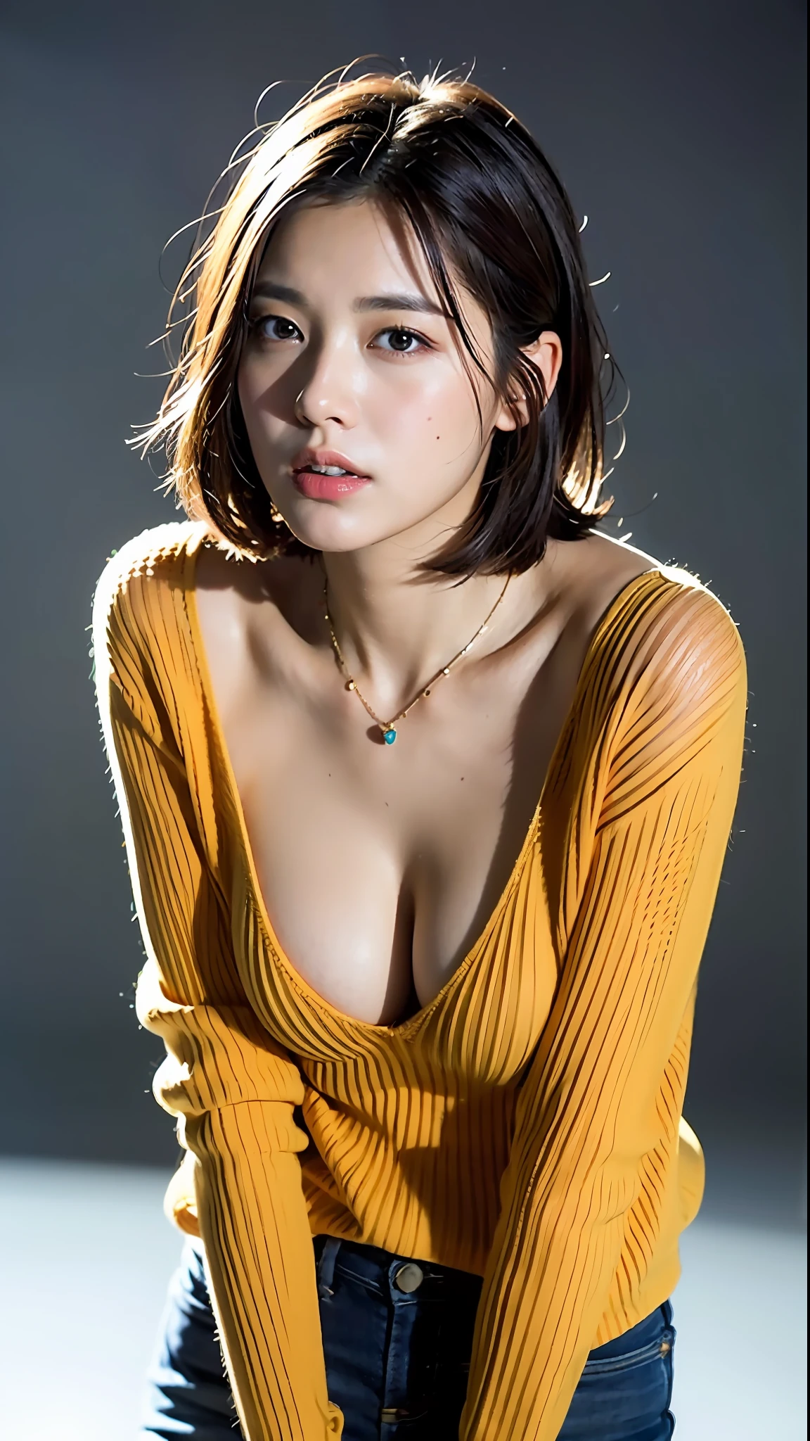 (Best quality, 8k, 32k, Masterpiece, UHD:1.2),Photo of Pretty Japanese woman, large breasts, very short bob hair,upper body,face focus,(oversized_sweater,:1.1) necklace, simple background, looking at viewer, leaning forward,