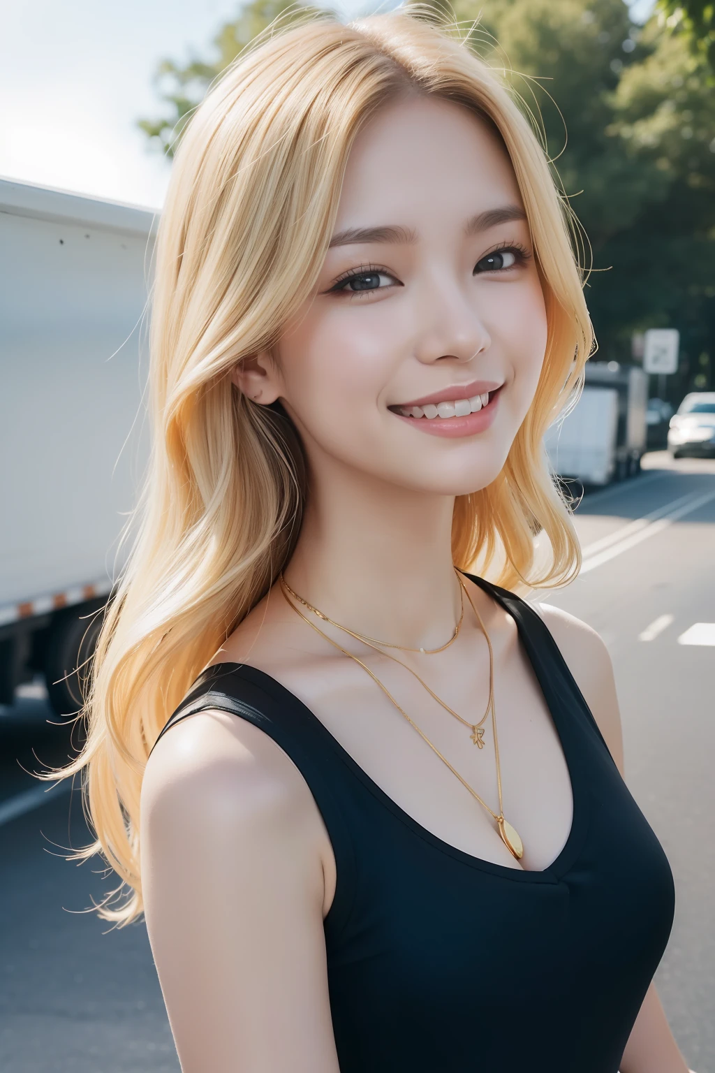 (8K, Raw photo, Best Quality, masutepiece:1.2), (Realistic, Photorealsitic:1.37), 超A high resolution, Blurry_Background, Realistic, Beautiful, Looking at the viewer, extra detailed face, Perfect Lighting, Selfie, Blonde_hair, Wavy_hair, Smiling, Asian, truck, perking_Lot, Sunny, Black top, gold_Necklace, Clear_skyporn, Sleeveless