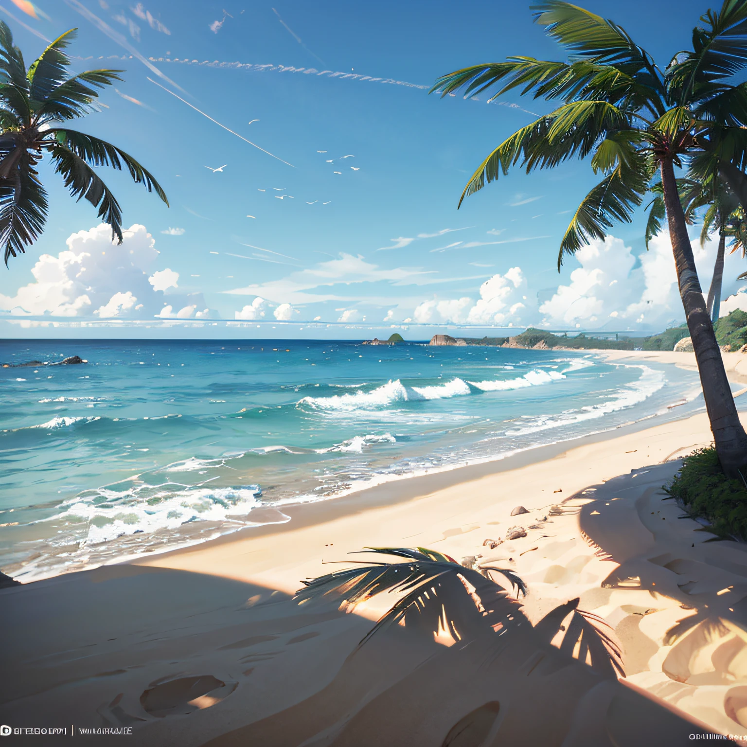 Summer by the sea, praia, praia Fernando De Noranha 4D realista, tempo ensolarado, clear sky, ensolarado, colorido, Happy summer holidays, imagem simples, close-up, sol brilhante, ondas distantes, impacto visual, estilo 3D dreamWorks, imagens realista 4D --auto