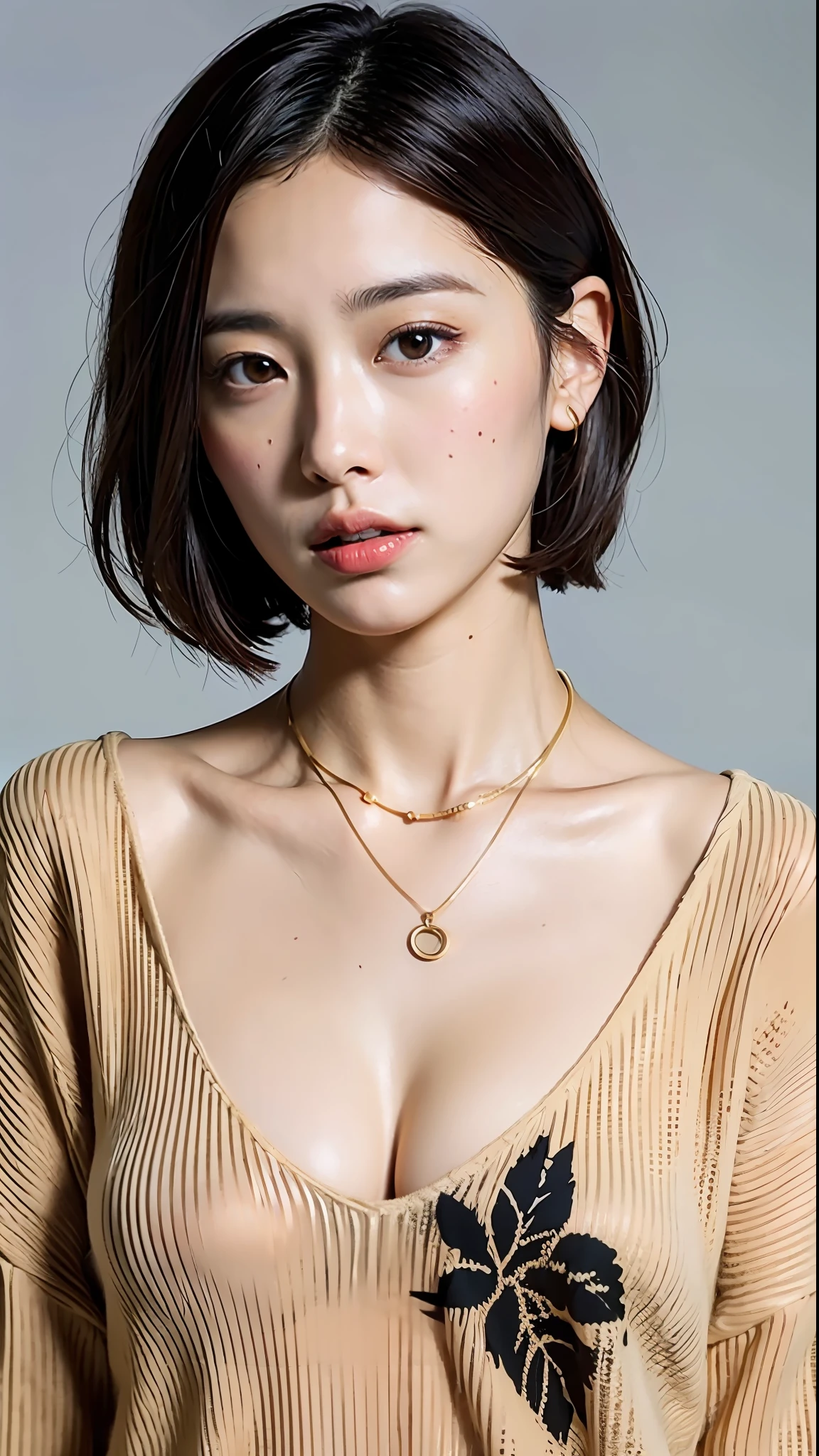 (Best quality, 8k, 32k, Masterpiece, UHD:1.2),Photo of Pretty Japanese woman, large breasts, very short bob hair,upper body,face focus,oversized_sweater, necklace, simple background, from above, looking at viewer,