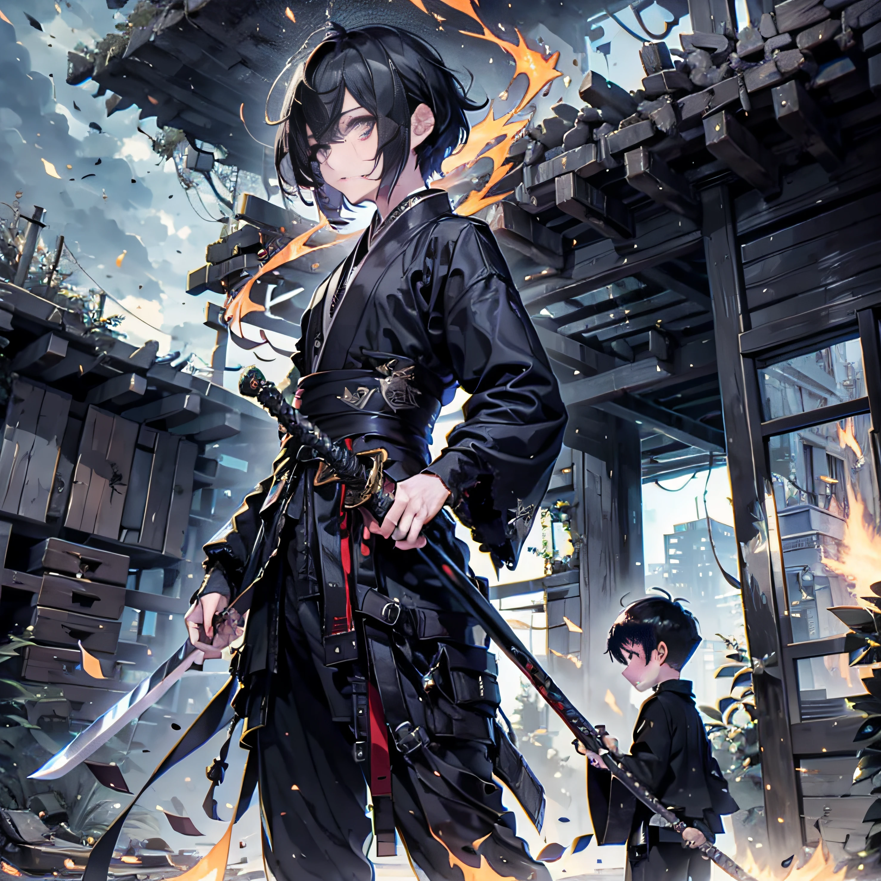 Two boys,A boy with short hair and black hair,Black long-sleeved hanfu,A bald boy,burly build,Bald boy,burly build,Brawny,Brawny,nigth,the night,best qualtiy,Ultra-long viewing angle,A bald boy,Turn your head to look at a person,Back shadow,Black long-sleeved hanfu, Fine Eye, 详细的脸, Detailed eyes,Wield a sword, A sword surrounded by red flames,Wield this sword,full bodyesbian,Ultra-long viewing angle,visto ao longe,from below, Look up, Ruined suburbs,Dilapidated old house,background inside dark,Ultra-long viewing angle,A dilapidated house in the distance,sword-wielding,sword-wielding