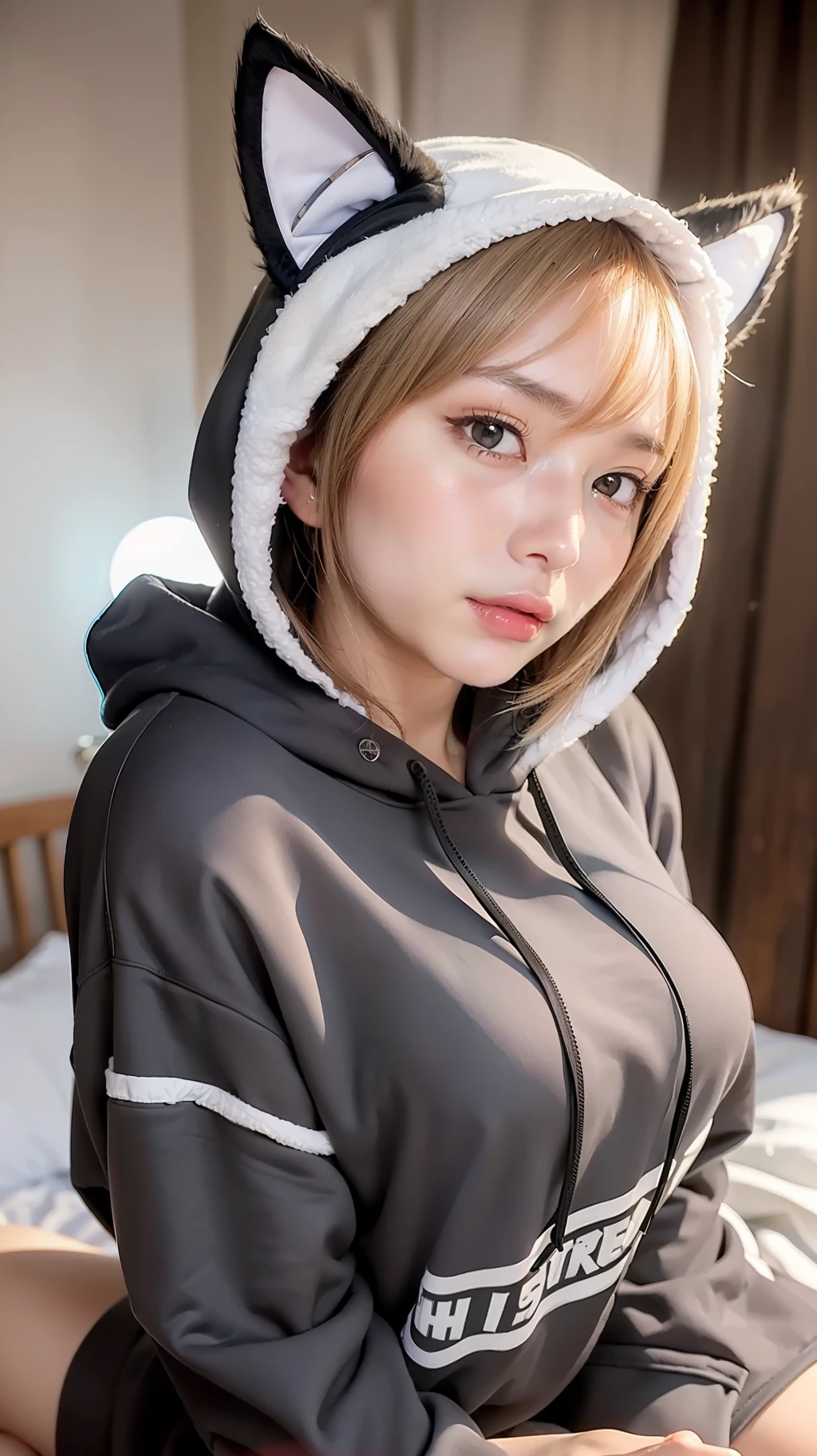 femele, (wearing oversized_Hoodie, Cat_Ears_hoods:1.3),
Good Hand,4K, hight resolution, masutepiece, Best Quality, Head:1.3,((Hasselblad photo)), finely detailed skin, Sharp Focus, (Cinematic lighting), Soft lighting, Dynamic Angle, [:(Detailed face:1.2):0.2], medium breasts,(((sitting on a bed))),