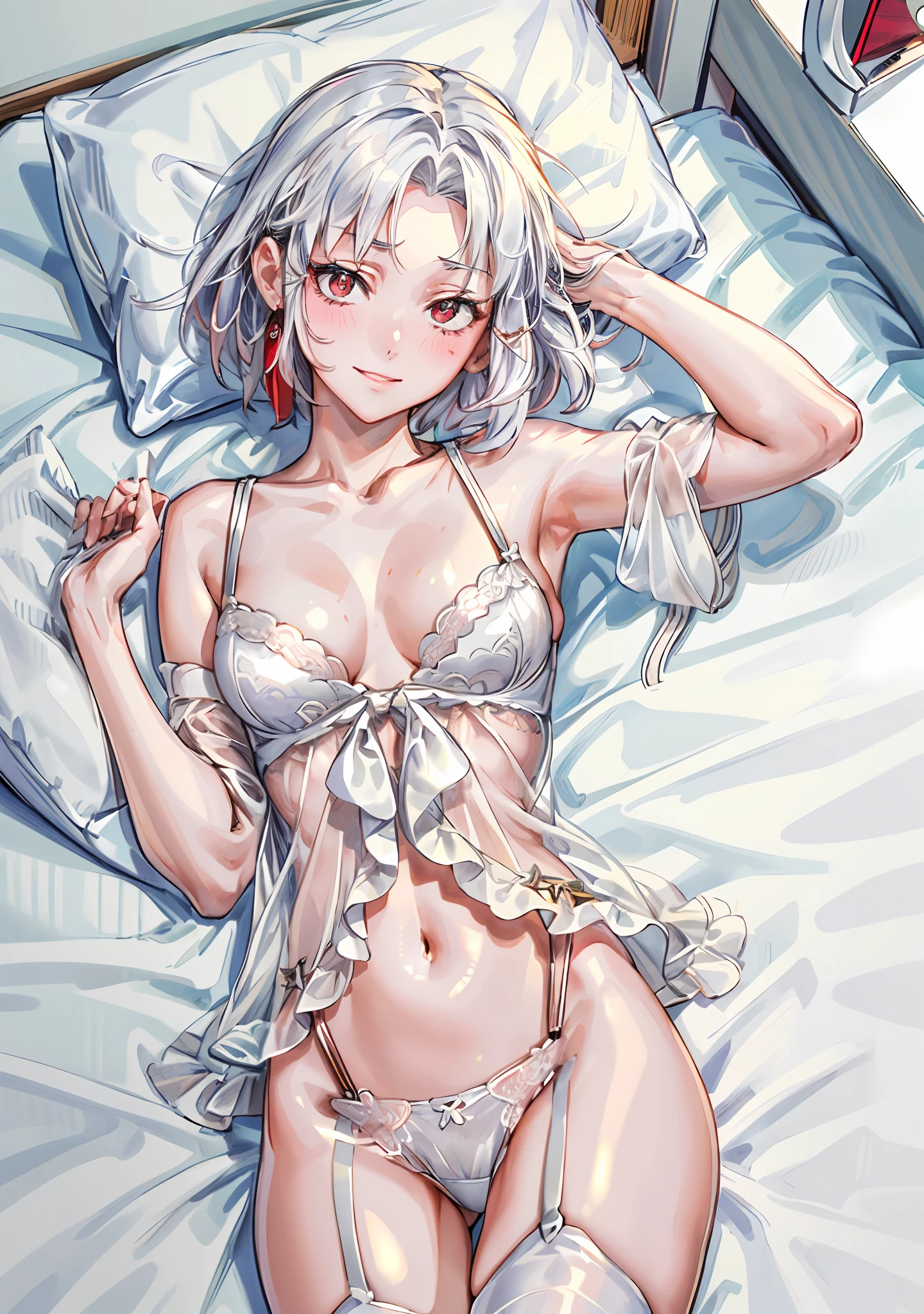 ((((masterpiece, best quality, high resolution)))), 1girl, white hair, red eyes, short wavy hair, average breasts, blush, light smile, glow, thighs, bare shoulders, collarbone, narrow waist, cleavage, (beautiful detailed face, beautiful detailed eyes), bedroom, night time, lying on bed, arms up, (from above view), (white lace lingerie, garter belt), hands behind head,