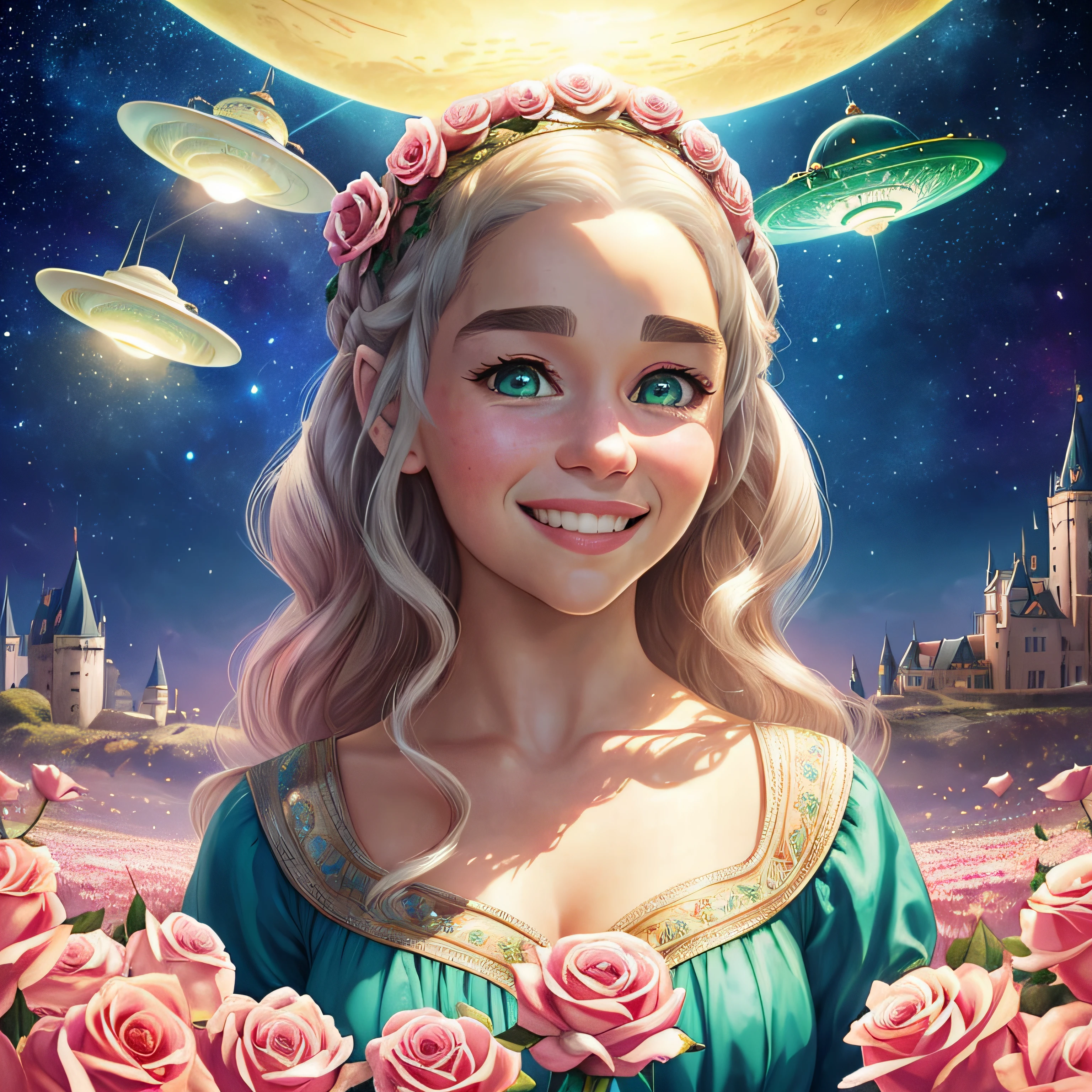 (((meio retrato))), (((there is Emilia Clarke has realistic green eyes who is smiling looking at a castle ))), (((A flying saucer is visible in the sky))), (((Background visible universe))), (((estrelas vermelhas sao visiveis no ceu))), (((it's at night))), Beautiful digital illustration, painting digital adorable, pintura realista da menina bonito, retrato bonito da arte da fantasia, retrato bonito da fantasia, bela arte digital, stunning digital illustration, a beautiful artwork illustration, Digital painting nice, lindo pintura digital, retrato da arte da fantasia, bela arte digital, (((usando brincos de rosas))), usando gargantilha com um pingente pequeno, em batom rosa, face_detail, contorno preto,