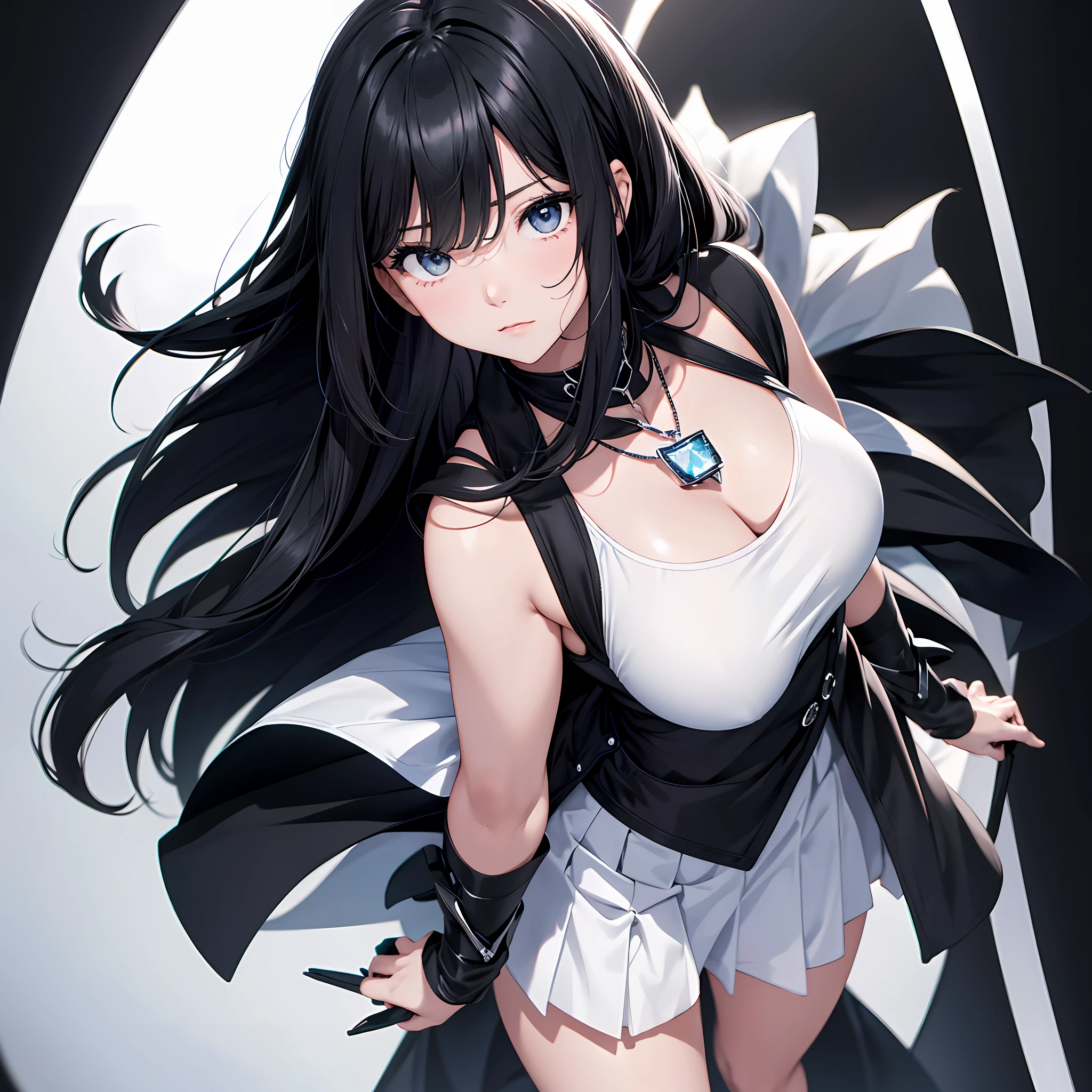 a woman is riding a big, Cute adult girl standing, girl focus, (Full body close-up), ((Plain black background)), pokerface, upright immovable, (1girl in:1.3), Bangs, a necklace, facing front, （black cloth ), Crystal gray Eyes, slender, masterful technique, medium short hair, animetic, Solo, bright black hair, Masterpiece, ultra detail, [wide-hips], Beautiful Girl, (Detail Face), detail hands, ultra detail eyes, nothing face emotion, Beautiful eyes, symmetry, Super Detail, High quality, 8k