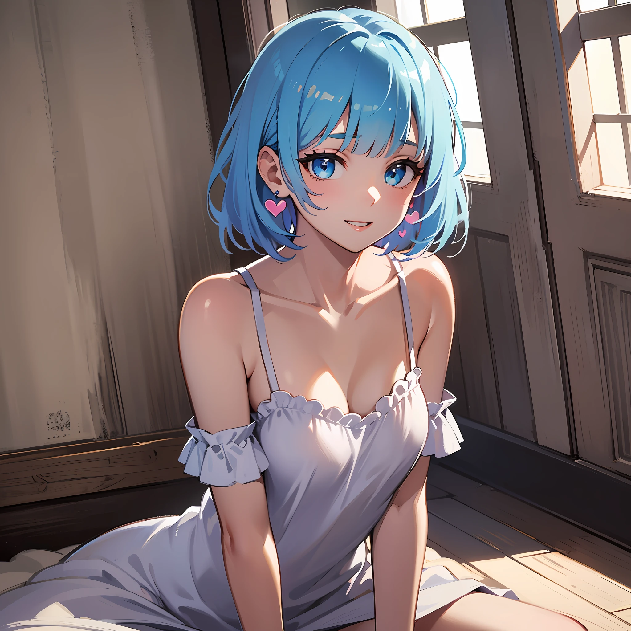 (masterpiece:1.3), (best quality:1.3), high resolution,
dutch angle, overlook view, couboy shot,
sitting, breast squeeze, body facing forward,
(one cute girl:1.3), solo,
white skin, small Breast, eight-headed person,
light blue hair, (bobbed hair:1.2), (short hair:1.2), (blunt bangs:1.2), beautiful hair, blue eyes, beautiful detailed eyes,
heart, cheerful smile,
camisole, earrings,
indoors, white room, bed,
shadowlighting,