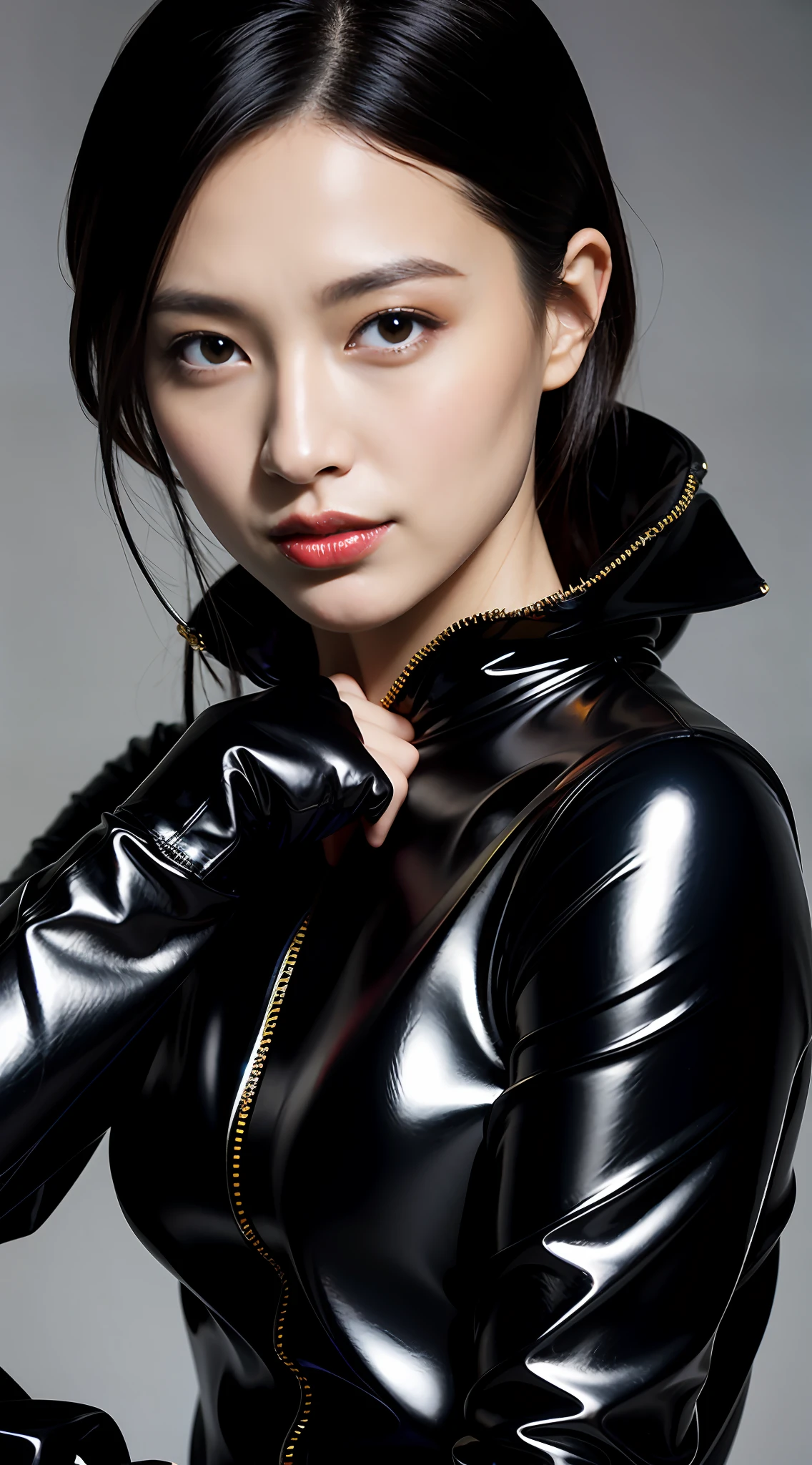 A woman in shiny black clothes is taking a picture, glossy magazine photoshoot, Female Japan Woman, Glossy photo, Glossy, with black shiny lips,,