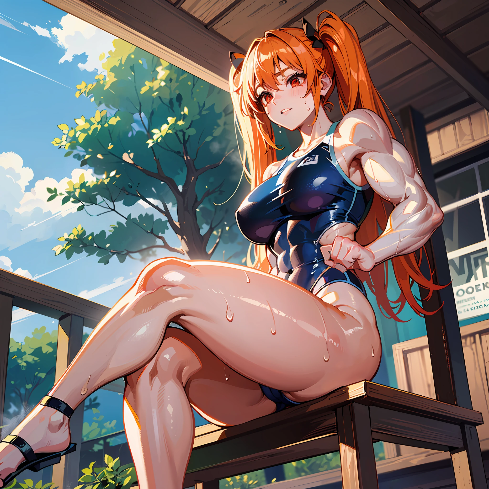 ((masterpiece))、((Top image quality))、((top-quality))、(((Illustration of one woman)))、(((Muscle Girl)))、full body Esbian、((30-years old))、((neuter))、((twin tails with orange hair))、Red Eyes、((Long body))、(((perspiring)))、((Steam wafting all over the body))、((Body wet with sweat))、(((Muscular and strong body)))、((Split abs))、(((muscular and thick arms)))、(((muscular and thick thighs)))、((manspreading))、((Sports Swimwear))、Sitting on a deck chair、in poolside