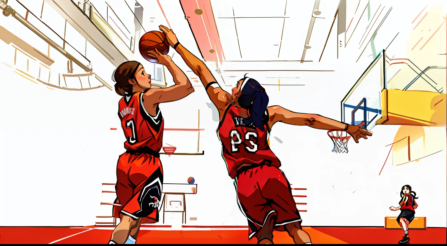 wireframes,,thick strokes,handpainted,basketball ball,Two women play basketball