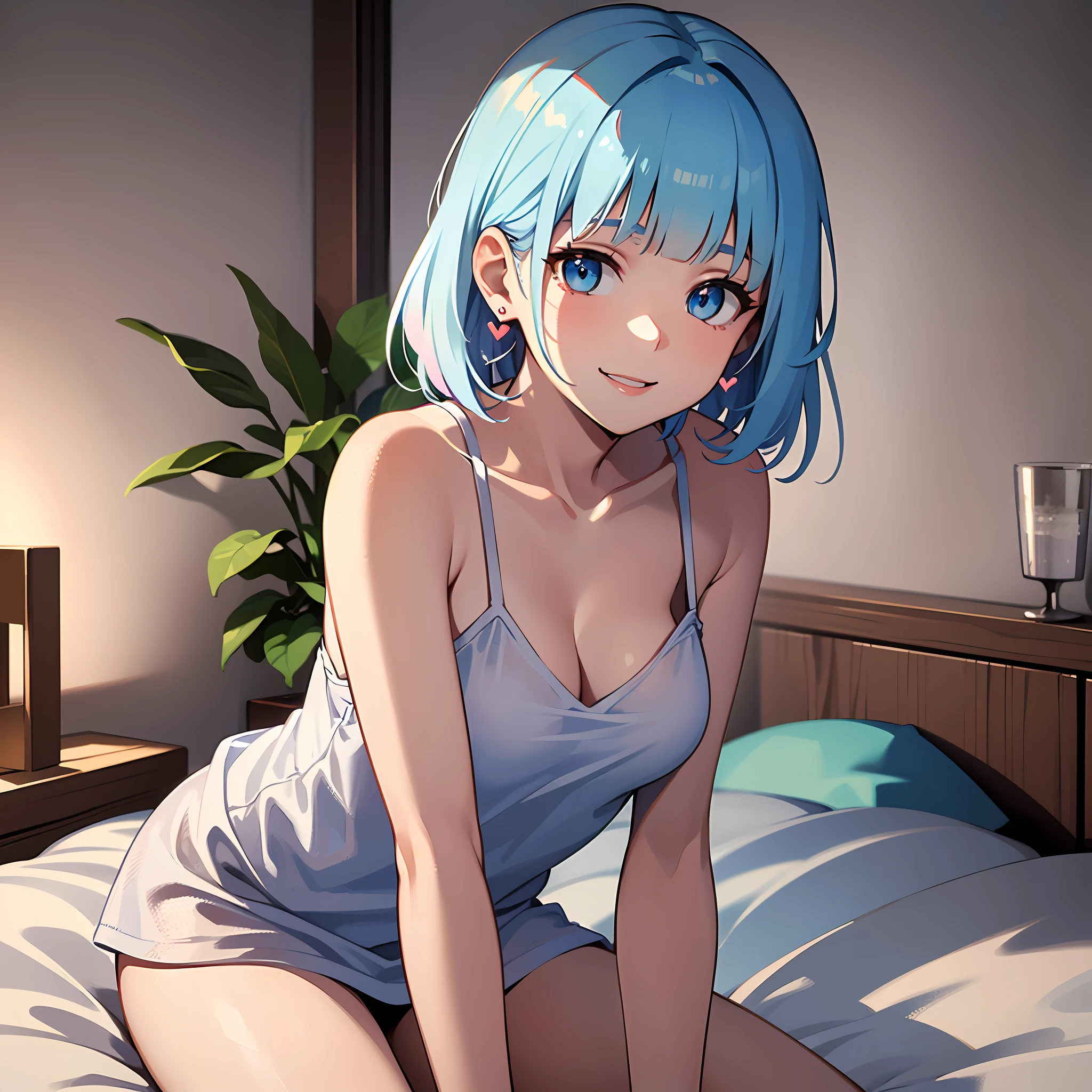(masterpiece:1.3), (best quality:1.3), high resolution, 


dutch angle, overlook view, couboy shot, 
sitting, breast squeeze, body facing forward, 

(one cute girl:1.3), solo, 
white skin, small Breast, eight-headed person, 
light blue hair, (bobbed hair:1.2), (short hair:1.2), (blunt bangs:1.2), beautiful hair, blue eyes, beautiful detailed eyes, 

heart, cheerful smile, 

camisole, earrings, 

indoors, white room, bed, 

shadowlighting,