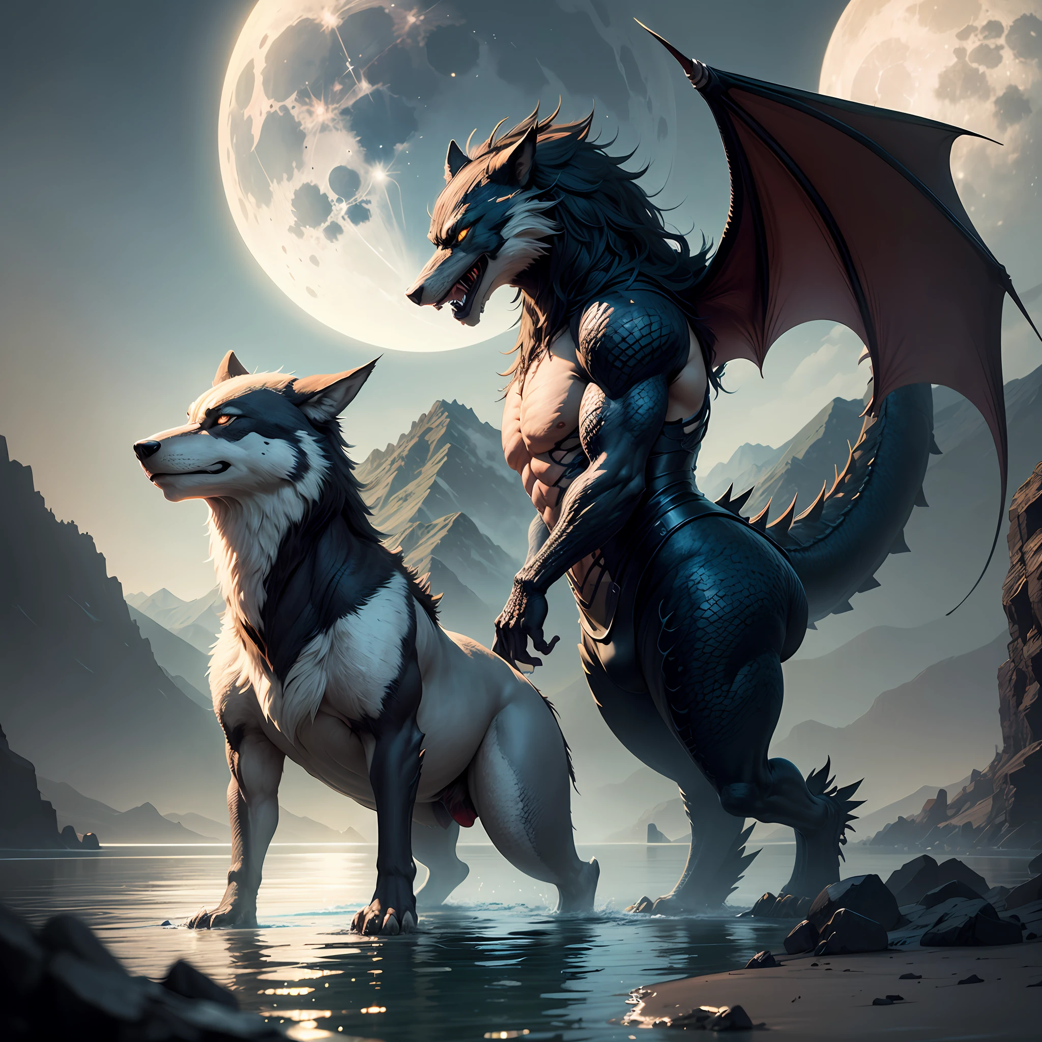 Mountains and lakes with the moon in the sky,Highly detailed digital art in 4K,4K HD wallpapers very detailed,impressive fantasy landscape,Sci-fi fantasy desktop wallpaper,Unreal Engine 4K wallpapers,4K detailed digital art,Sci-fi fantasy wallpaper,Epic dreamy fantasy landscape,4k hd matte digital painting,8K stunning artwork,half wolf, The half-dragon stands on its hind legs in the water,Sideways photo,There are extra-long dragon tails。There are vertical scales on the back。The eyes are fierce。Has big furry ears。The villain is handsome,Strong and powerful, Dramatic cinematic details fur, hyper realistic fur, highly realistic photograph, cinematic full body shot, cinematic full shot, guardian of the holy lake, adventure hyper realistic render, volumetric fur, ultra-realistic picture, Make a gesture of majesty, hyperreal rendering,A combination of mythical creatures, Wolf and dragon --auto
