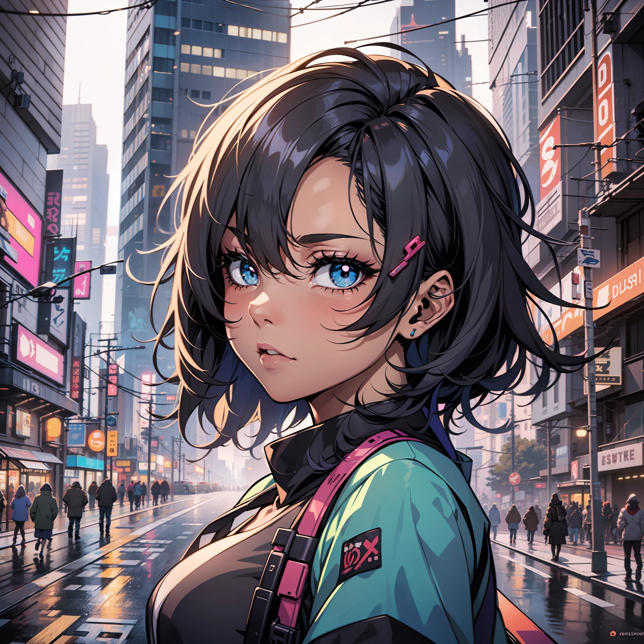 ((Black skin African)) anime girl in a city with a street sign in the background, digital cyberpunk anime art, digital anime illustration, cyberpunk anime girl, detailed digital anime art, trending on artstation pixiv, stunning anime face portrait, digital cyberpunk - anime art, detailed portrait of anime girl, digital anime art, beautiful anime portrait, cyberpunk anime art, anime style portrait, anime styled digital art