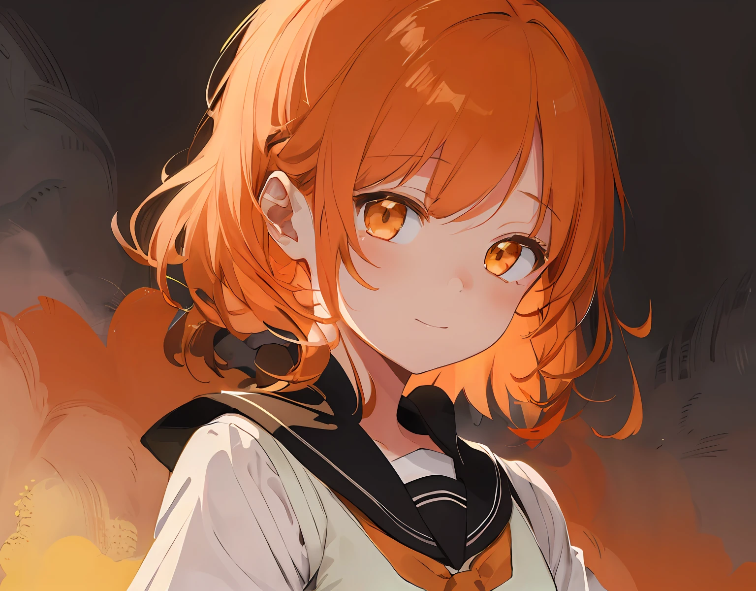 masterpiece, best quality, ultra-detailed, illustration, an extremely delicate and beautiful, cute, 1girl, solo, orange hair, brown eyes, halterneck, collar, detached sleeves, simple background