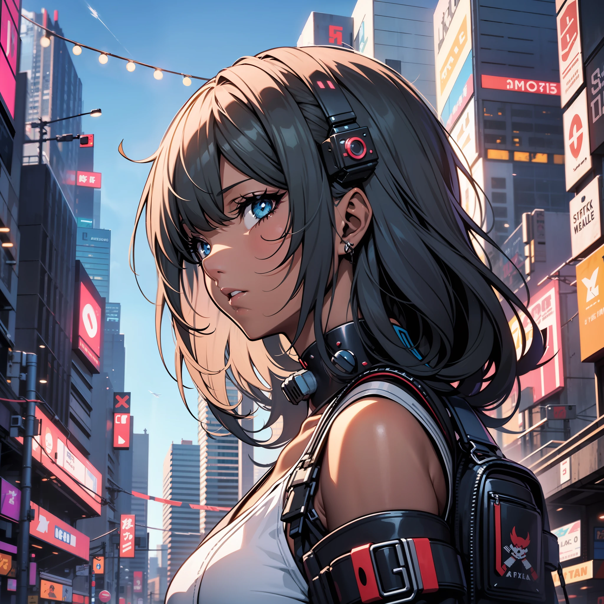 ((Black skin African)) anime girl in a city with a street sign in the background, digital cyberpunk anime art, digital anime illustration, cyberpunk anime girl, detailed digital anime art, trending on artstation pixiv, stunning anime face portrait, digital cyberpunk - anime art, detailed portrait of anime girl, digital anime art, beautiful anime portrait, cyberpunk anime art, anime style portrait, anime styled digital art