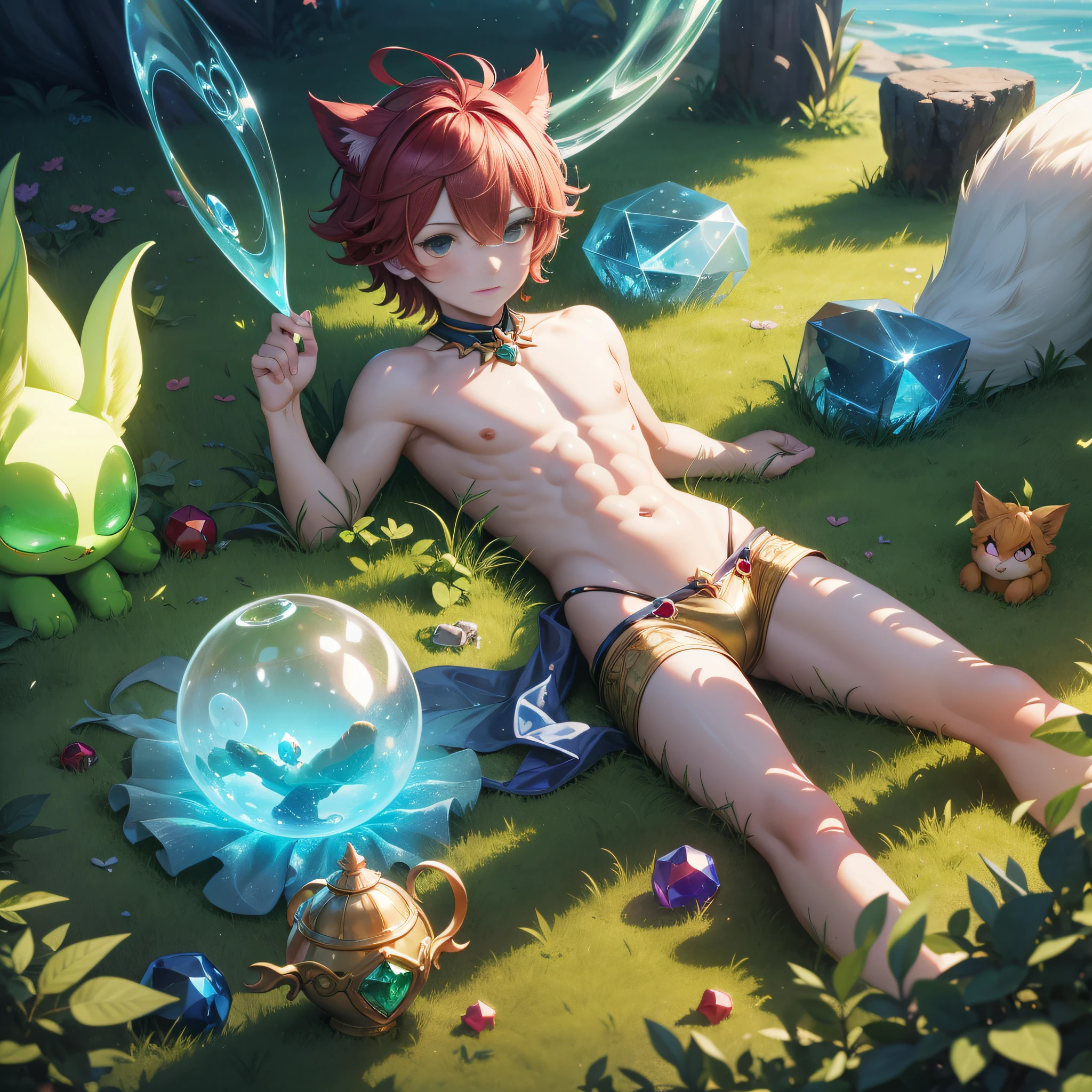 Carbuncle
boy　youngest son　５age　Mystical　Fictional creatures　chimera　Dynamism

Have a gem
on stomach, lying
Lying

Gem Creatures
Vibrant colors such as red and green
Small figure
Mystical powers
Guardians of gems and treasures
Symbol of miracles
Bring good luck and hope
Appearance in a fantasy world
Gemstone brilliance
Appeared in legends and folklore