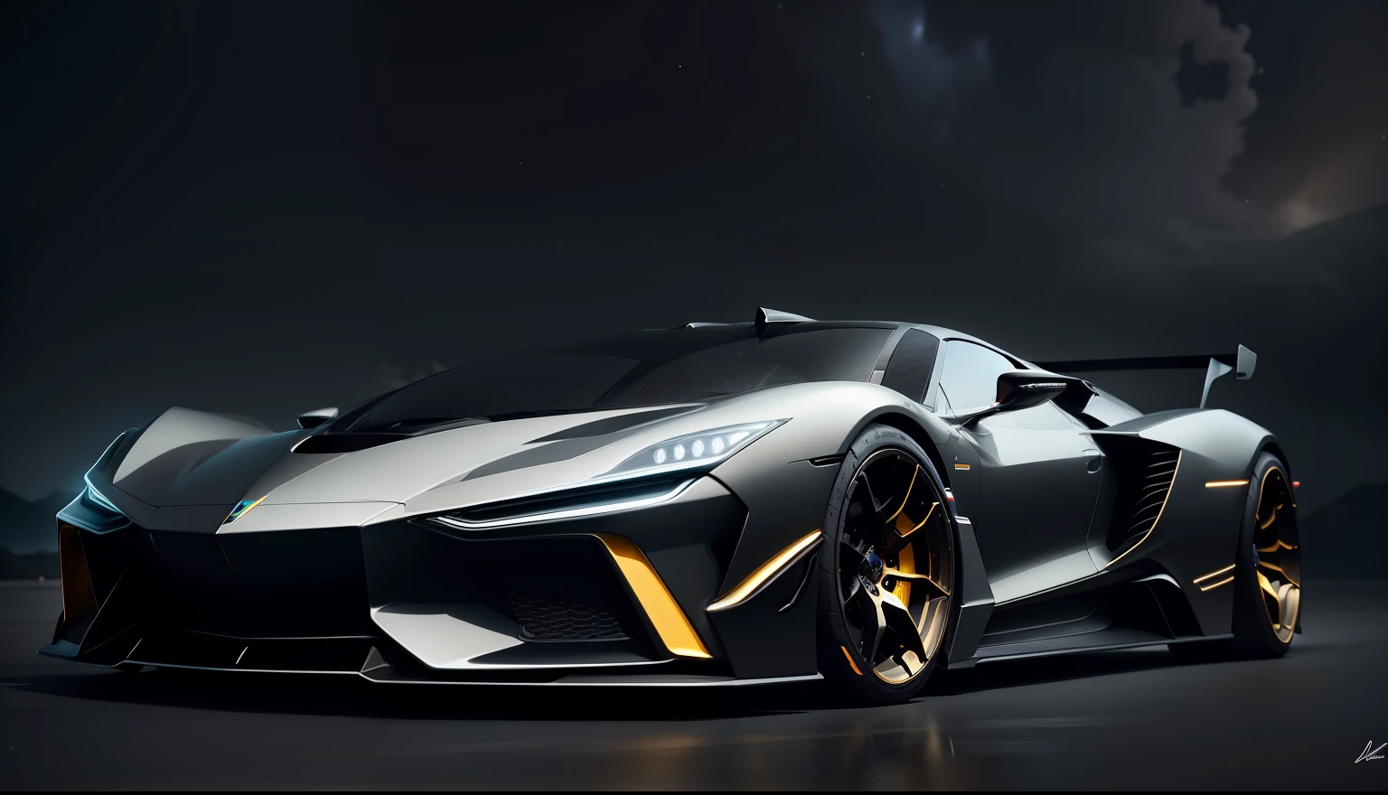 A side view of a sleek black future design supercar by Leonardo DaVinci, with gold filigree accents, illuminated by a noir night sky, and a Scandinavian design 8k resolution photorealistic hyperdetailed landscape view in the background, perfect for automotive photography. --auto