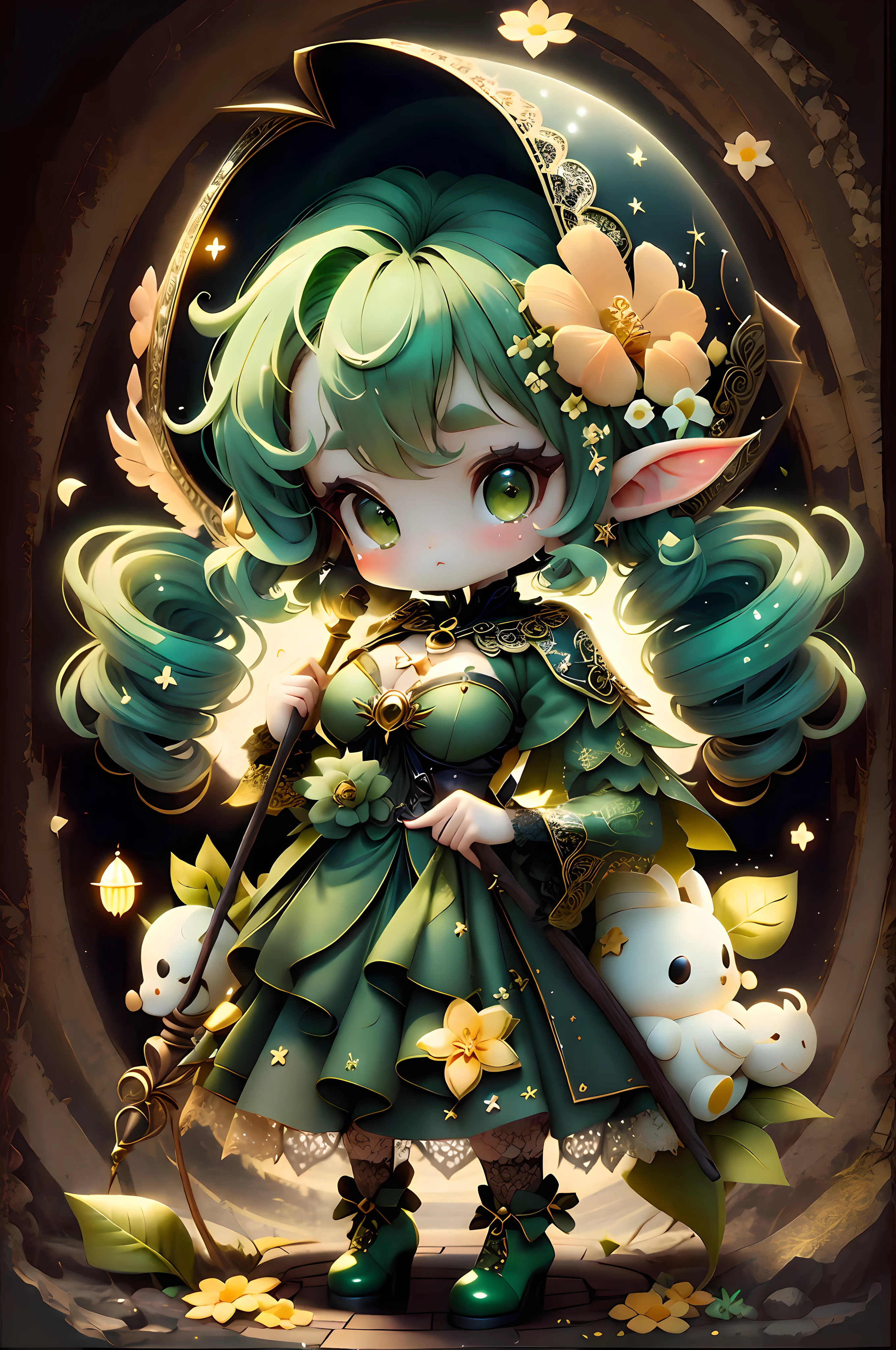 plastican00d, sorceress woman, tchibi, black, twin drills, black, Magnificent,view the viewer, paneled background,Lolita prostitute,elvish ears,Green hair,Hold the staff in your left hand,Golden clothes,Surrounded by flowers,Raised sexy,Charming,adolable,Lori huge breasts cleavage,High pixel,Lace costume effect,hyper qualit