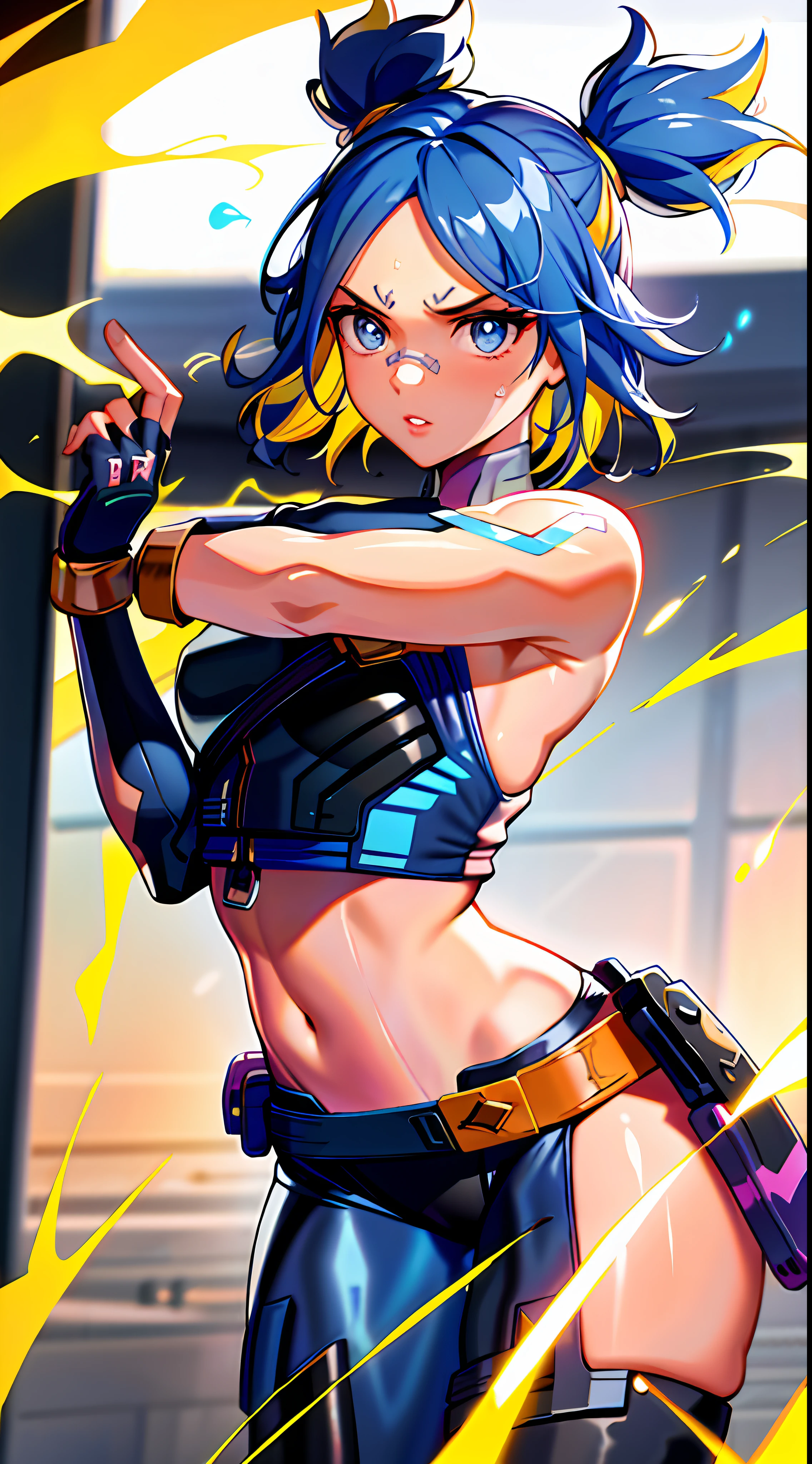 ((masterpiece)), (best quality), (detailed),(hires), (shining face, shining body), neonfx, neon_valorant, 1girl, solo, looking at viewer, blue eyes, blonde hair, gloves, navel, twintails, blue hair, multicolored hair, parted lips, black gloves, belt, pants, floating hair, bandaid, bandaid on face, electricity, animification, bandaid on nose, large breasts, sweating, thighs, erotic, perverted expression, toned body, pervert, showing off body, stripping, showing off chest, perky chest