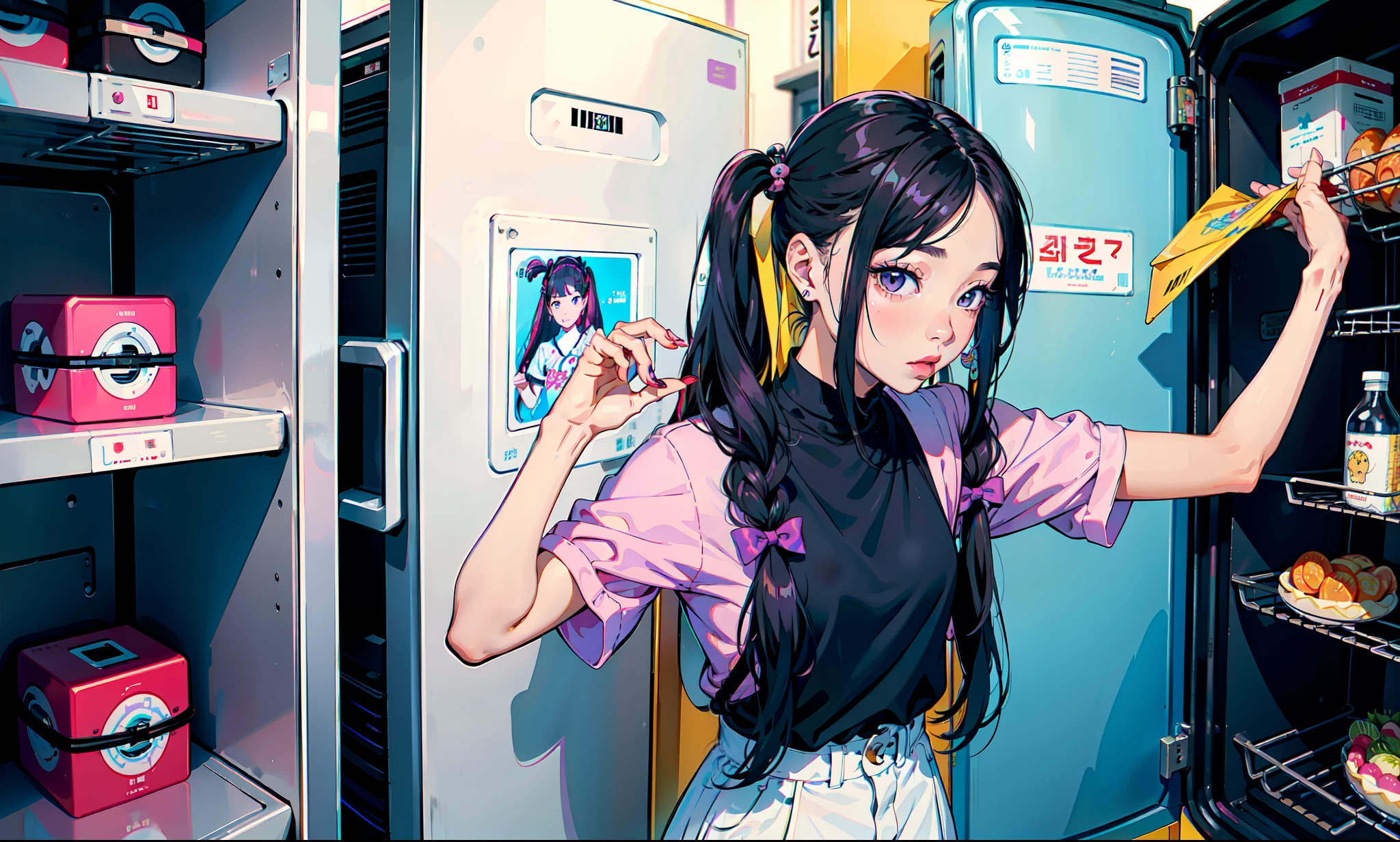a close up of a woman with long hair standing in front of a refrigerator, blackpink jennie, jossi of blackpink, straight hairstyle, with long hair, portrait of jossi of blackpink, violet long hair, gongbi, sha xi, pigtails hairstyle, jaeyeon nam, taejune kim, the hime cut, roseanne park of blackpink