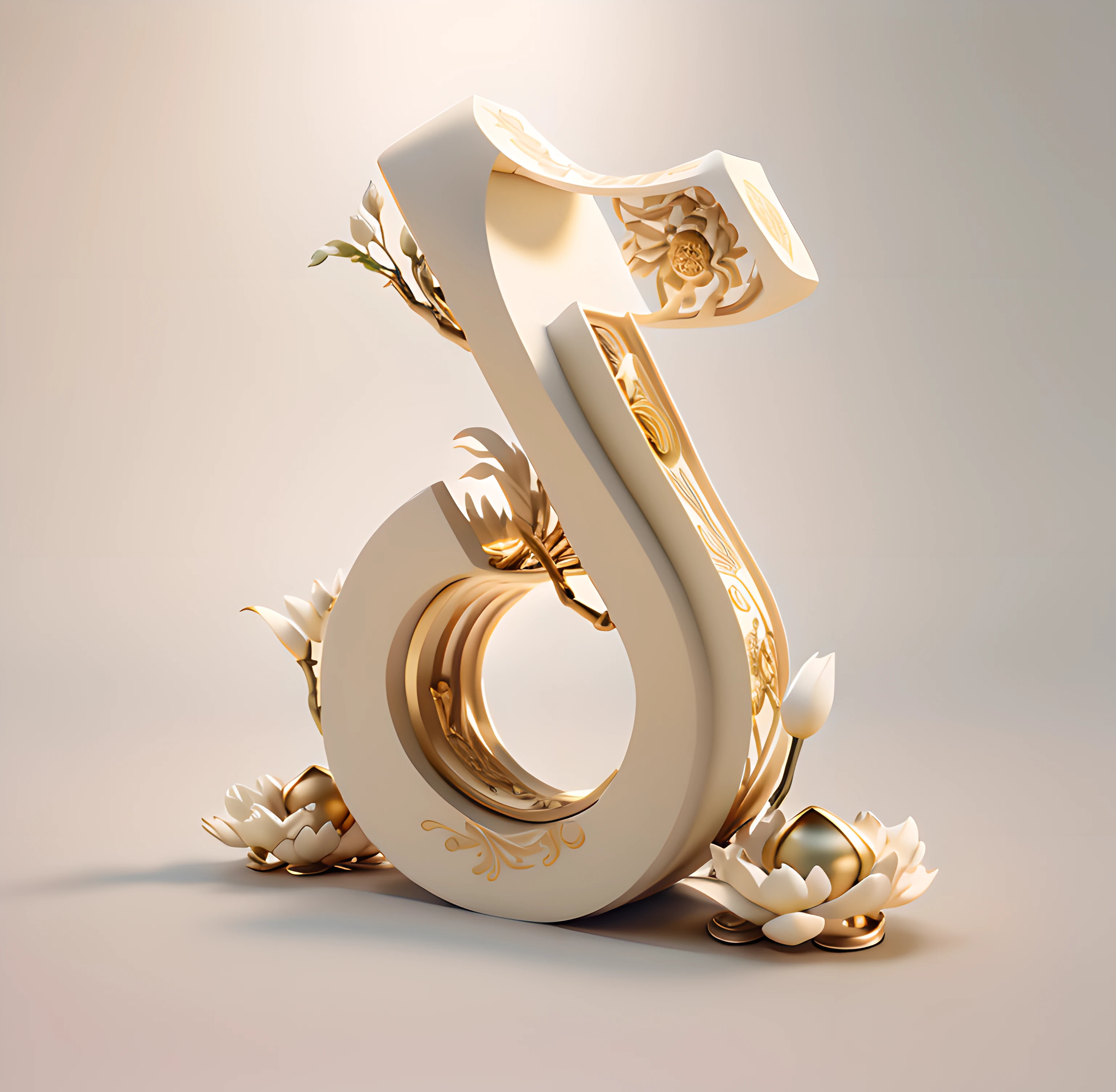 On the ground there is a white and gold figure，There are flowers on it, The letter D, Stylized 3D, 3 D 徽标, 3d 8k render, japonisme 3 d 8 k ultra detailed, Digital art, 3 d sculpture 8 k octane render, Delicate white and gold neon, golden number, behance 3d,Golden lotus:1,Golden curves