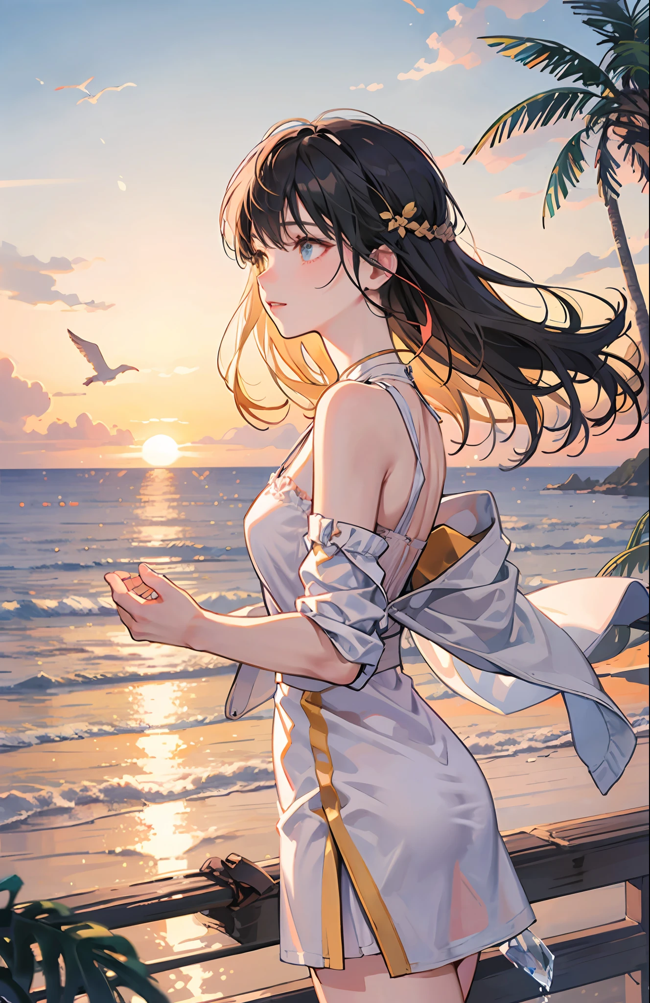 An absolutely mesmerizing sunset on the beach, with a mix of orange, pink, and yellow in the sky. The water is crystal clear, gently kisses the coast, and the white sand is endless. The scene is dynamic and breathtaking, with seagulls soaring high in the sky and palm trees swaying softly. Immerse yourself in the calm atmosphere and let the serenity surround you. --auto