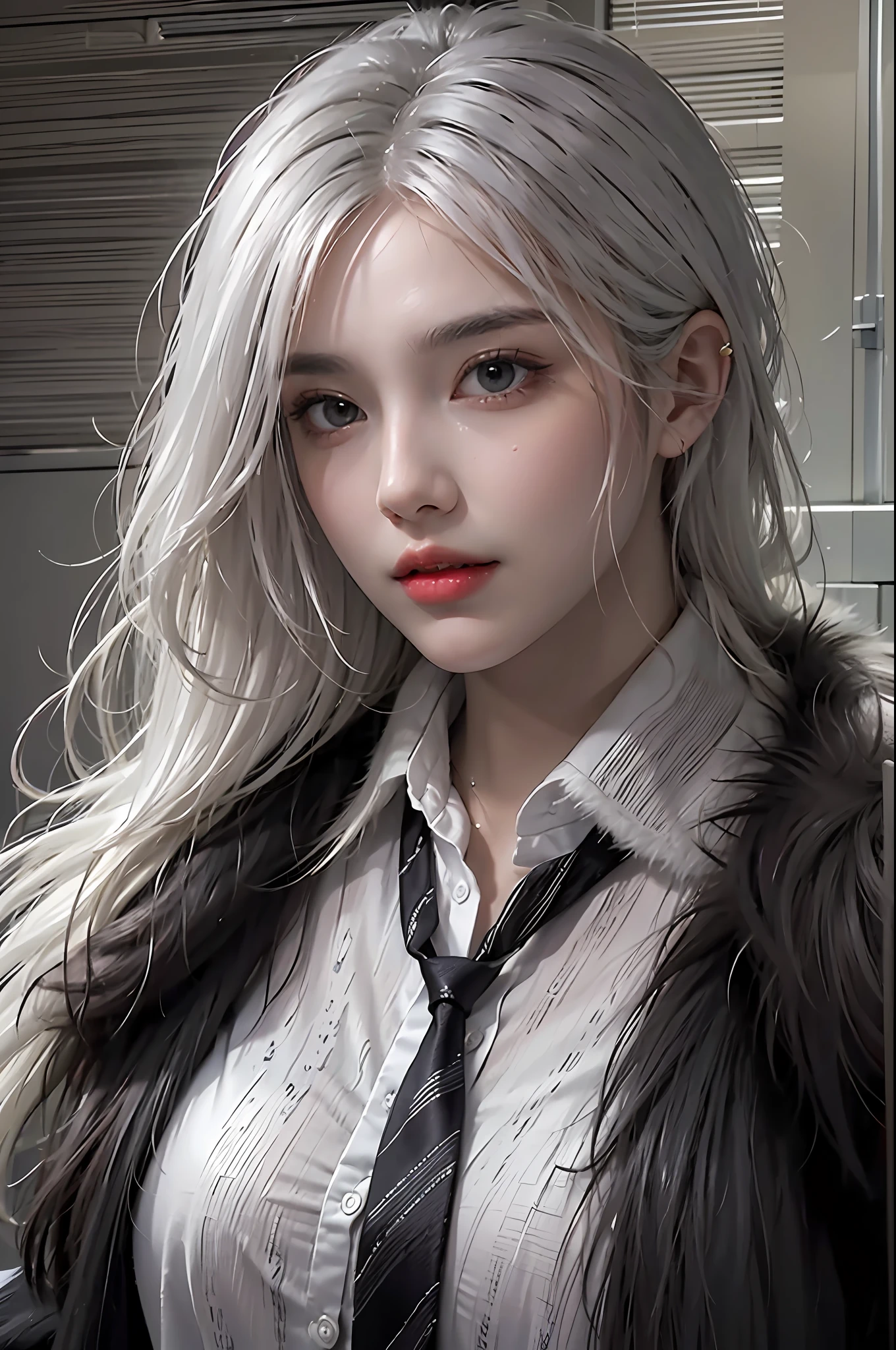 photorealistic, high resolution, 1 women, hips up, beautiful eyes, white hair, ringed eyes, collared shirt,black necktie,black skirt, pencil skirt, fur coat