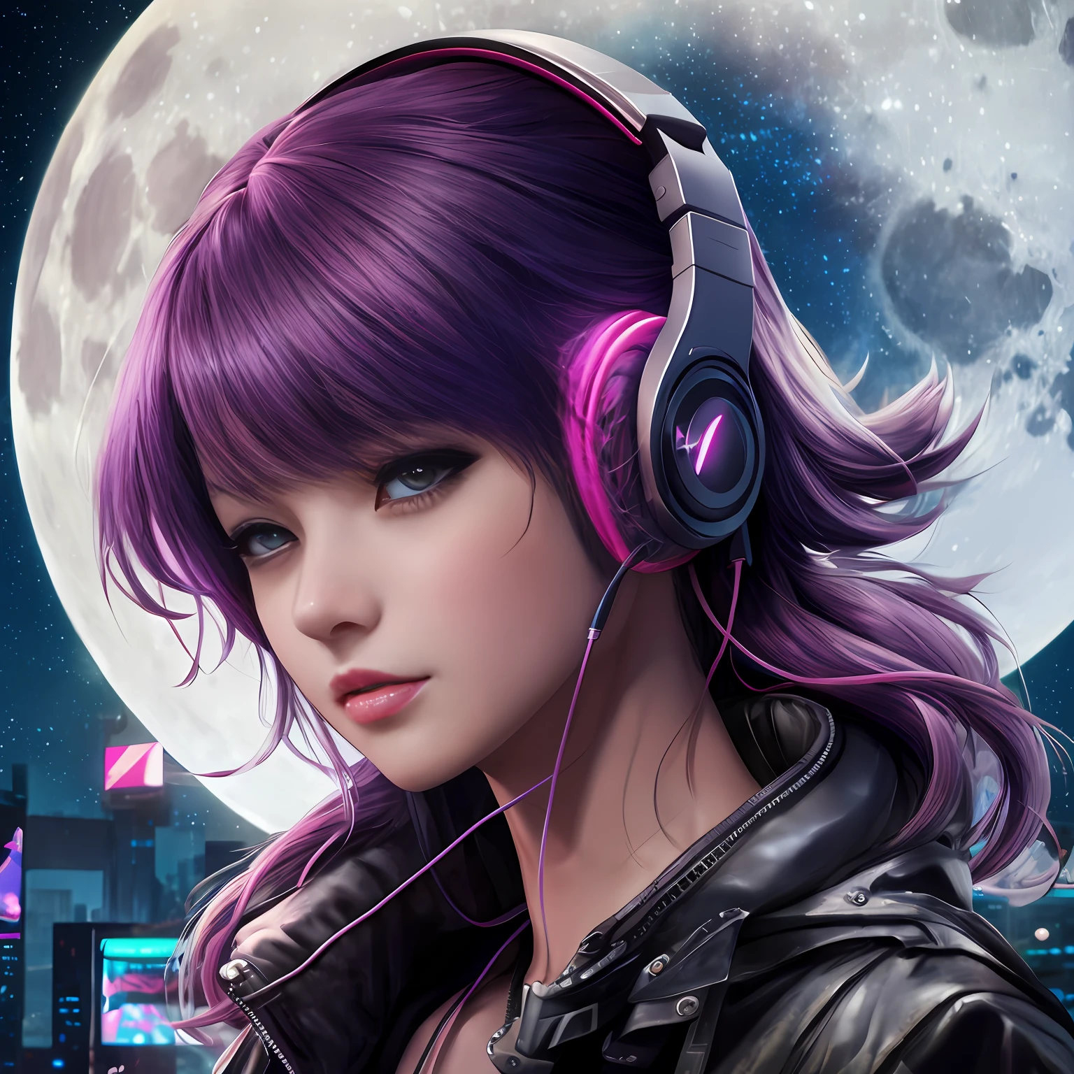 Anime girl with headphones and jacket, , hyperrealistic, cyberpunk, close shot, vibrant colors, highly detailed, 16k resolution, nature lighting, octane render,starrysky,城市,cyber punk style,the night,themoon