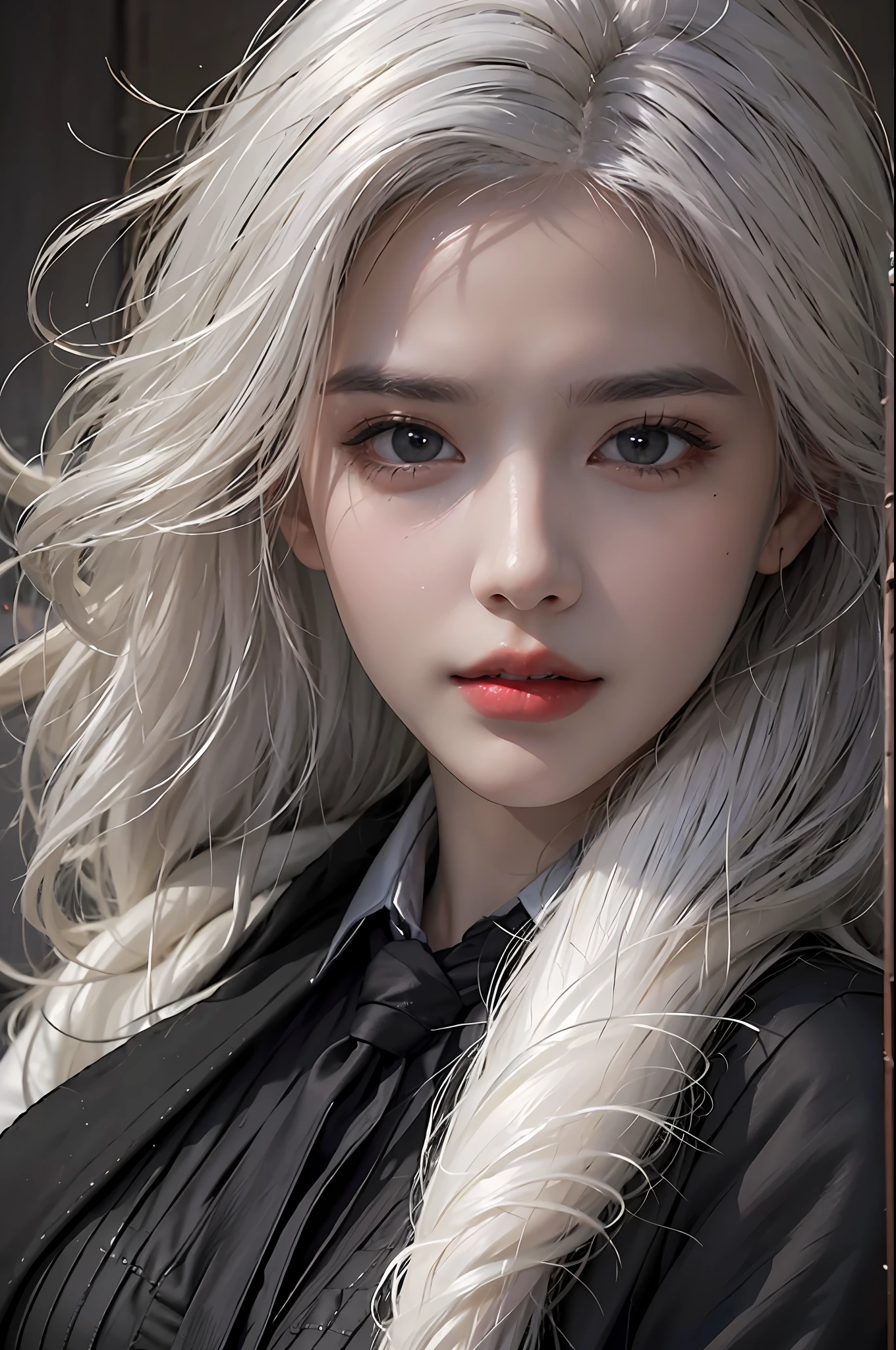 photorealistic, high resolution, 1 women, hips up, beautiful eyes, white hair, ringed eyes, collared shirt,black necktie,black skirt, pencil skirt, fur coat