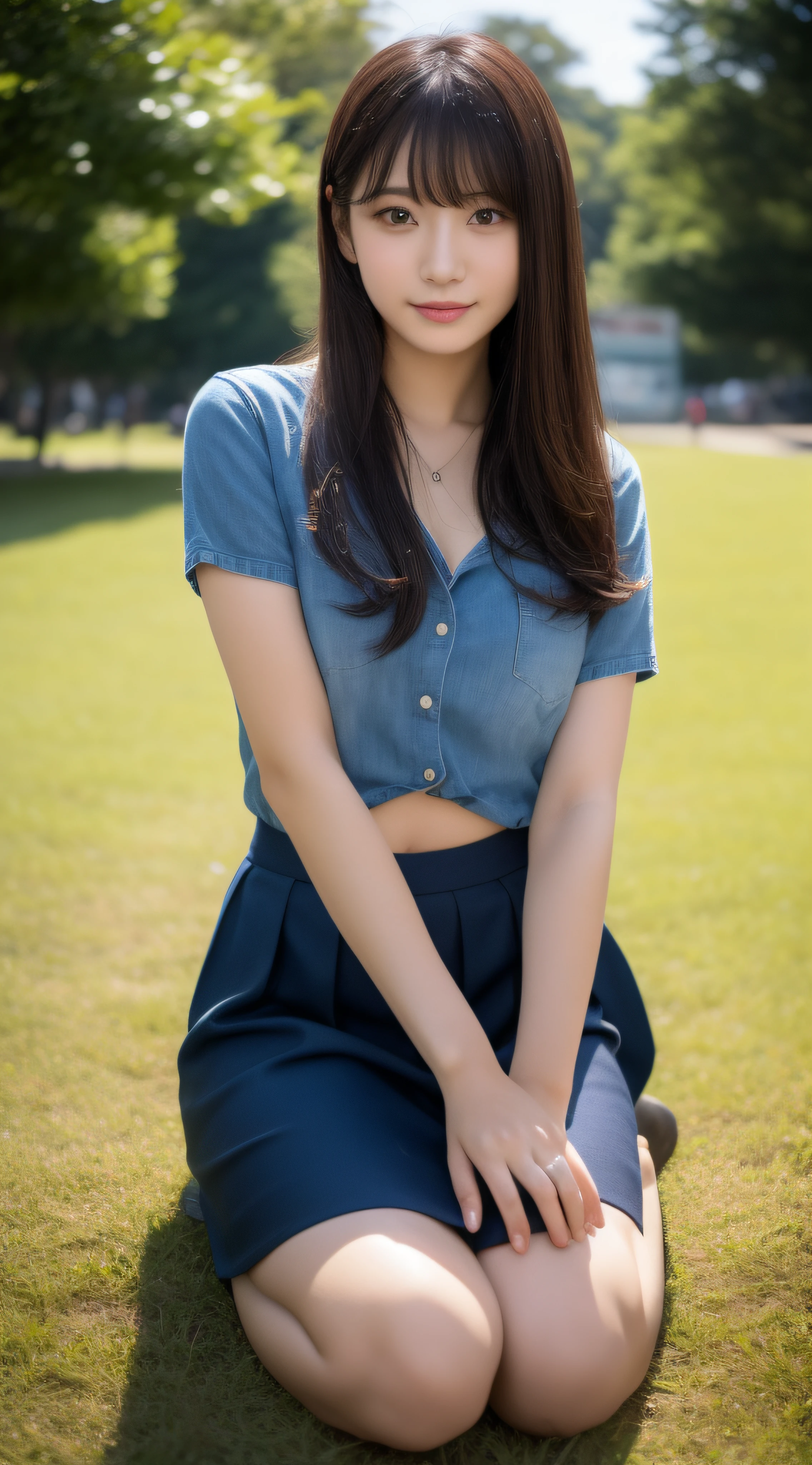 japanaese girl、a 18 year old girl、Long、A dark-haired、bangss、brown-eyed、Perfect figure、Transparency、The sheen、gloss、discreet breasts、校服、Navy blue ribbon、Light blue shirt、Navy blue skirt、Guangyue、Burning body、hposing Gravure Idol、on the park、Beautiful feet、Strong sunshine、Odious、Rain-drenched body、女優、Pose Gravure Idol、乃木坂アイドル、韓国アイドル