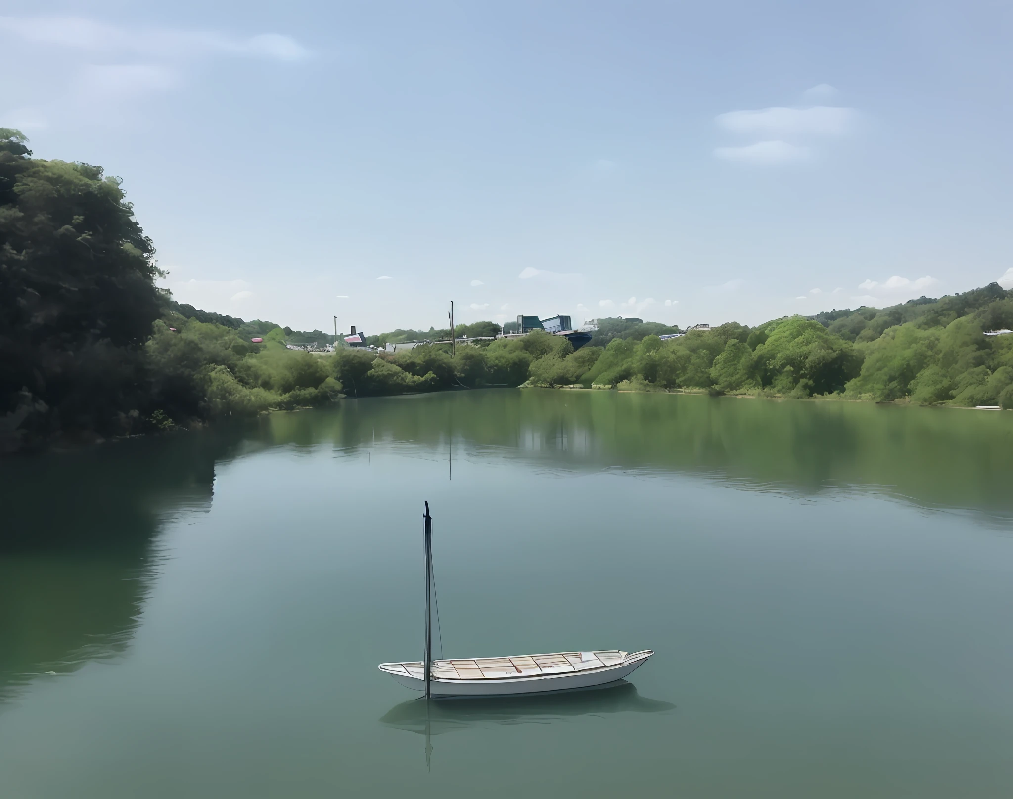 There was a man on board,There are cameras on board, Lake in the background, The camera angle is low at the water level, detailed lake in background, it has a lake in the distance, river in the background, Capture the, shot on gopro9, The reservoir, water level, a photo of a lake on a sunny day, lake foreground, water in background