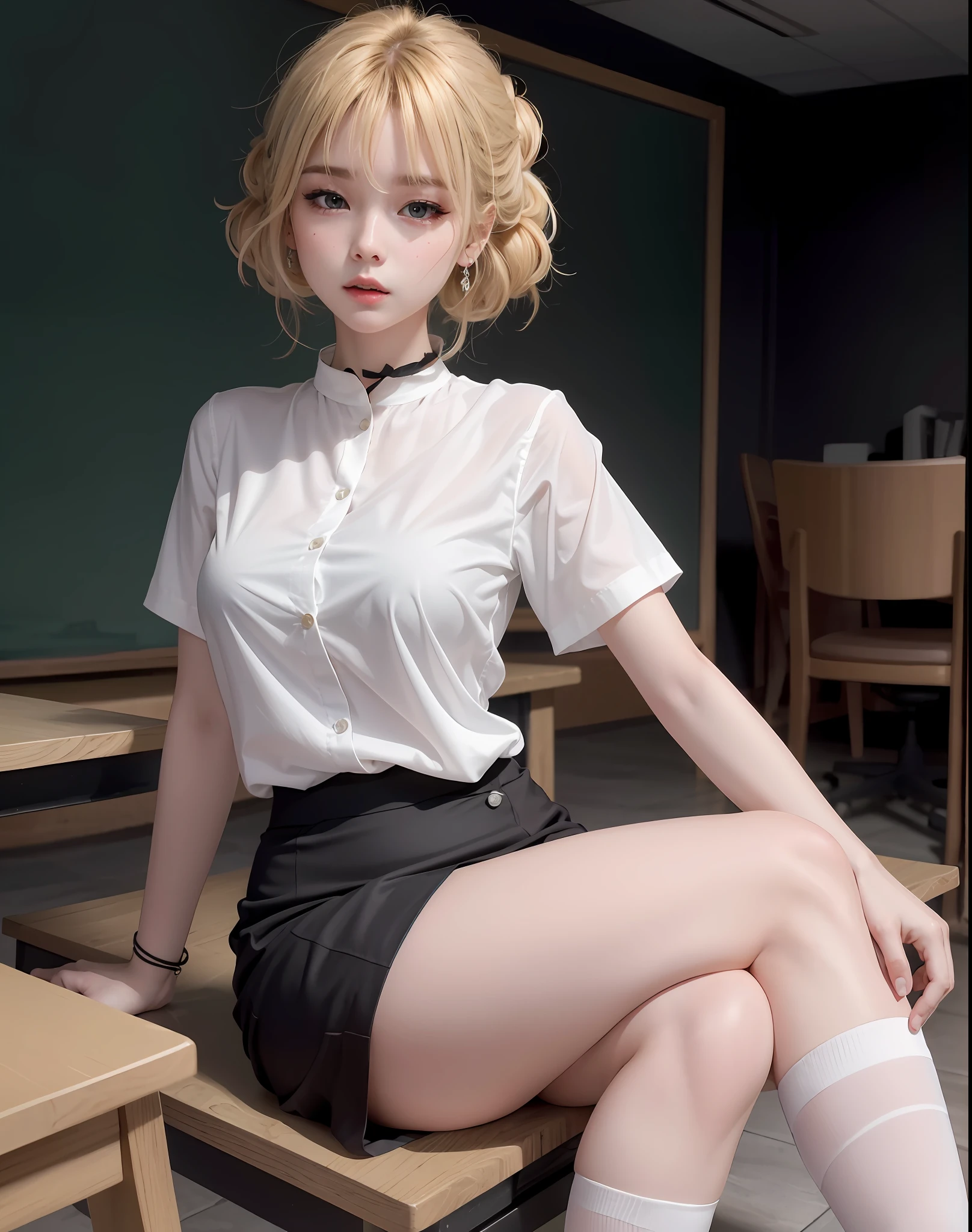 absurderes, 1girll, Be red in the face, (Realistis:1.5), (tmasterpiece, the Extremely Detailed CG Unity 8K Wallpapers, best qualtiy, A high resolution:1.2), (ultra_detailed, UHD:1.2), lighting perfect, distinctive, (1girll:1.4), looking at viewert, unreal-engine, Sideslit, s the perfect face, 详细的脸, Perfect body, beautidful eyes, Nice face, (Bright Skin:1.4), idoly, (Abs), ulzzang-6500-v1.1,,(a narrow waist)), (blond hairbl), Mahalai uniform,(((white shirt short sleeves))),((Black polished pencil skirt)),((a black pleated skirt)),((In the classroom)),(choker necklace),((white shirt short sleeves)),((black pencil skirt)),(obi strip),((sittinng on the desk)),(full bodyesbian:1.4),By bangs,(eye glass)),sharp sharp eyes,Peck the corners of the mouth,silver earring,Hands in hair,Silver watch,((mediuml breasts)),Black stockings on her legs,(1.2)
