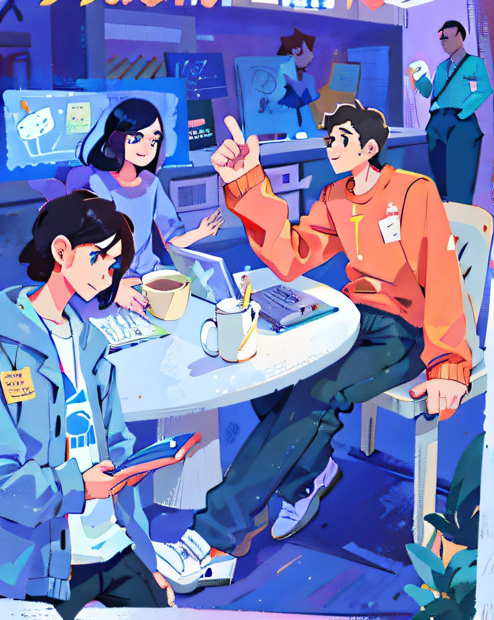 Someone sitting at a table with laptop and a cup of coffee, lo-fi illustration style, flat illustration, illustration style, animated illustration style, detailed 2D illustration, digital 2D illustration, cartoon style illustration, commercial illustration, 2D illustration