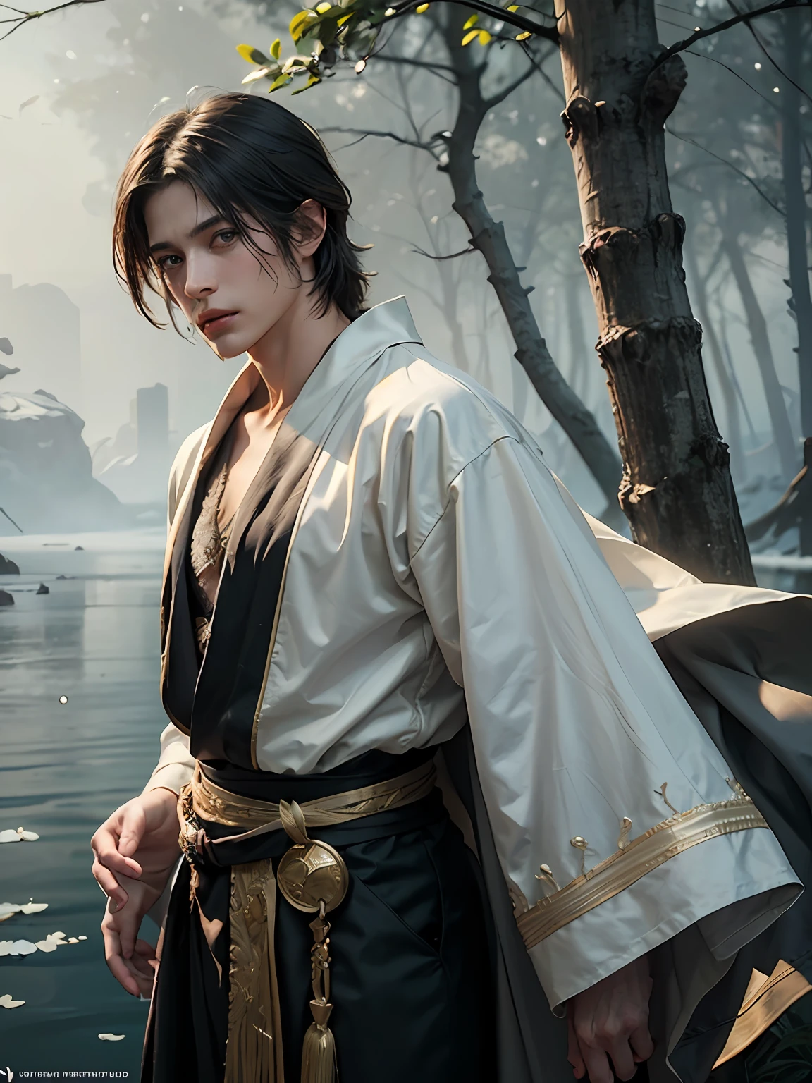 (More than half body) (standing beside a tranquil lake)(tranquil and warm), 1man, God of Frost, king, solo focus, adult, pale and young adult face, short black hair, black silk robe with golden lining, serenity, frost forest, realistic, dynamic pose realistic, detailed and correct facial structure, blades ornaments, LEON S. KENNEDY, handsome, attractive, slightly muscular, cinematic lighting, unreal engine, trending on ArtStation, intricate details,  masterpiece, best quality, by Irakli Nadar, Greg Rutkowski，(((best quality))),(((ultra detailed))),(((masterpiece)))